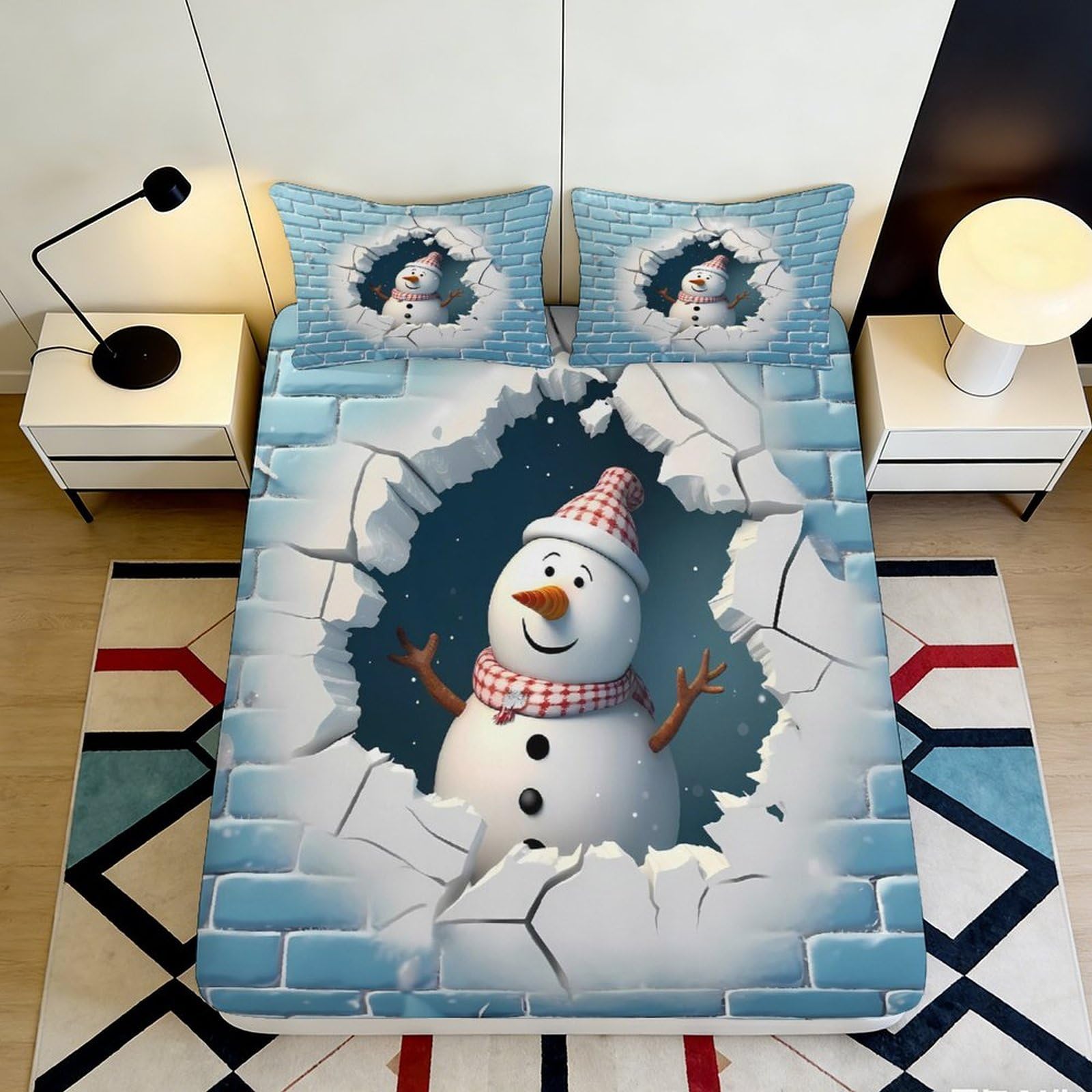 Jqzkxnhpbr Style-2 3D Printed Snowman Winter Scene Fitted Sheet Microfiber Soft Anti-Slip Christmas Brick Wall Bed Cover For Bedroom Guest Room 90X200x25cm