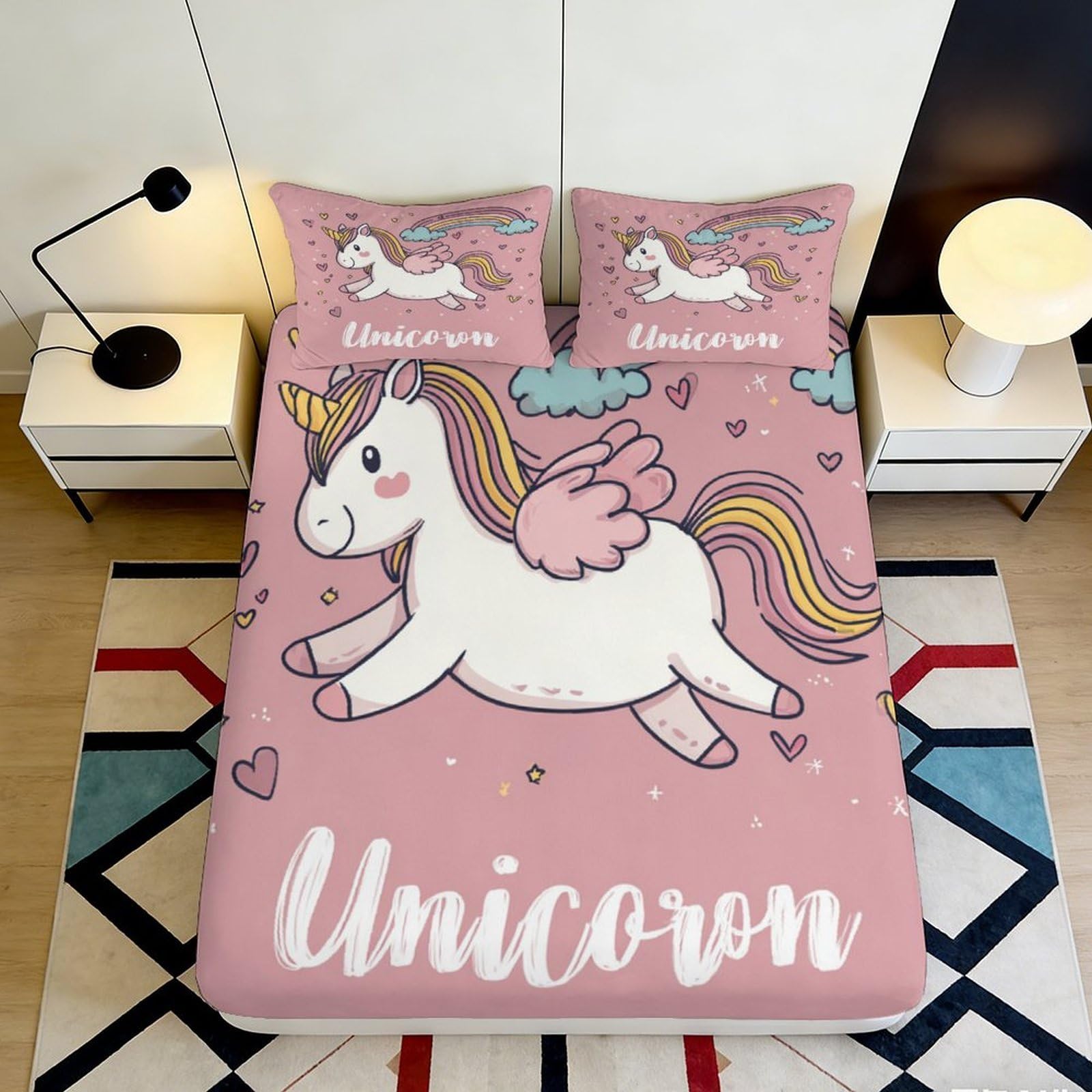 Jqzkxnhpbr Style-1 3D Printed Pink Unicorn Fitted Sheet Microfiber Soft For Bedroom Dorm Mattress Cover Cartoon Rainbow Winged Decor 90X200x25cm