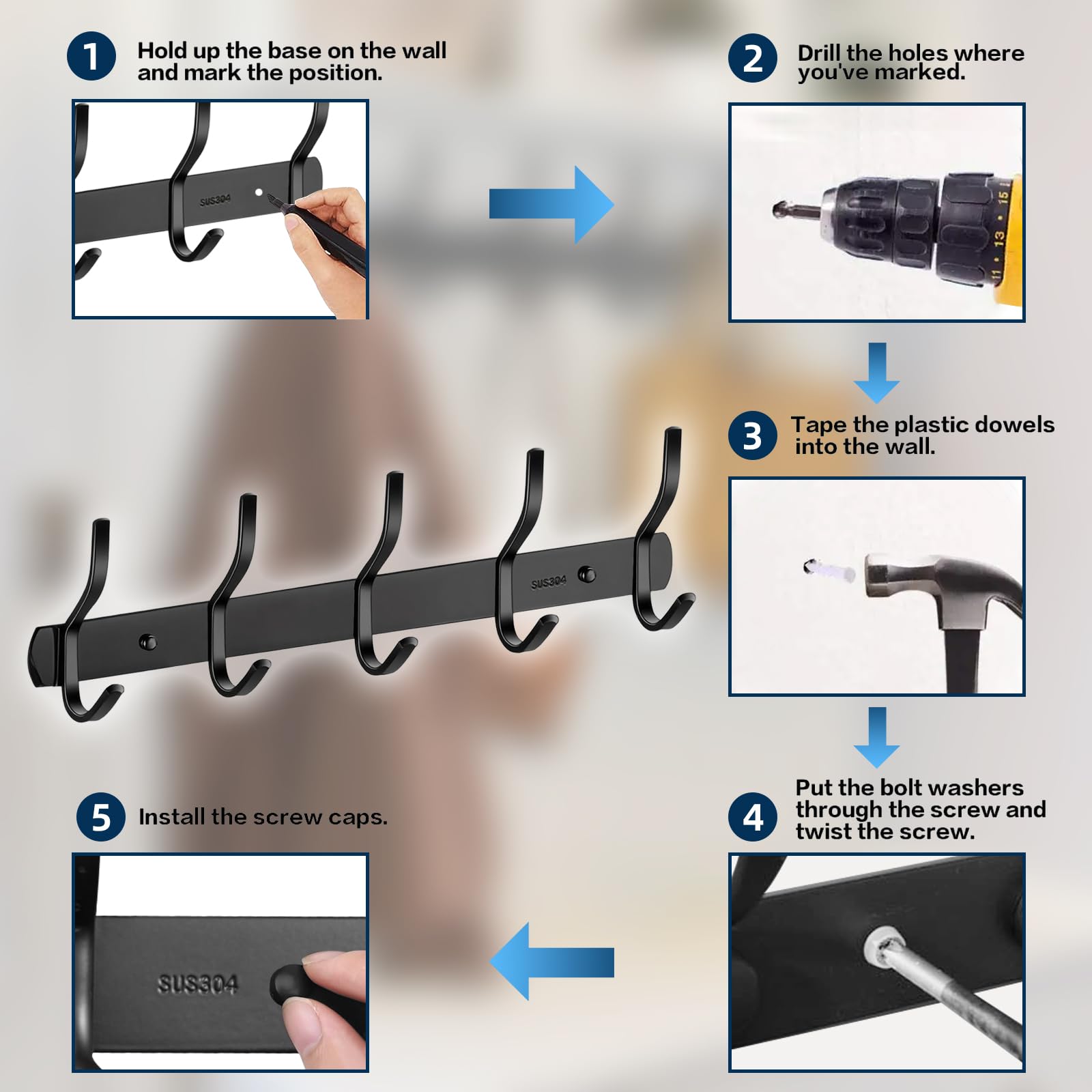 Ganchos gruesos de acero inoxidable 304 – 40,6 cm, 5 ganchos de dos ganchos para colgar en la pared, resistente al óxido, soporte de pared, ganchos antideslizantes para toallas, soporta hasta 44