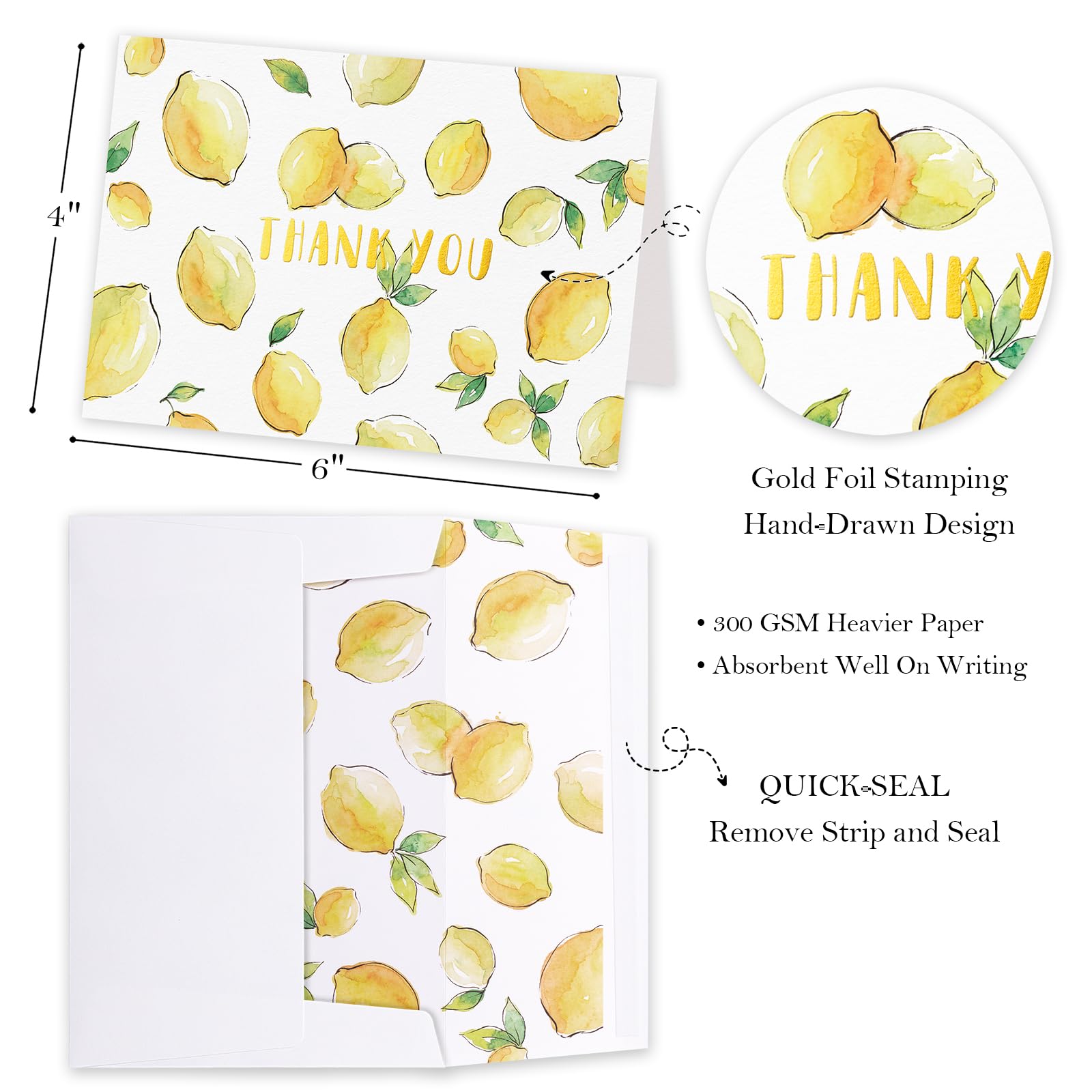Crisky Lot de 50 cartes de remerciement avec enveloppes en feuille d'or pour fête prénatale, mariage, fête prénuptiale, cartes de remerciement en vrac