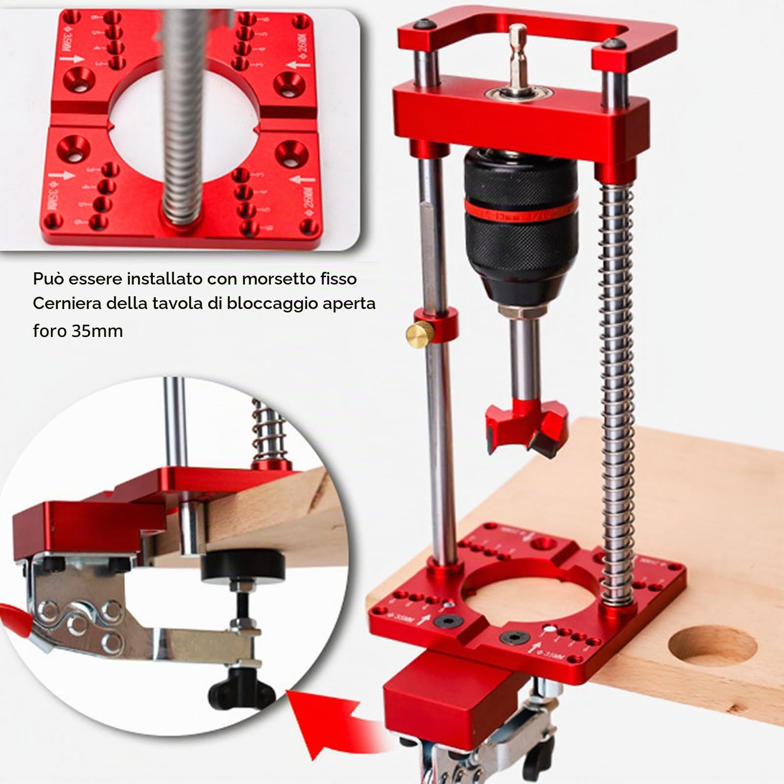 Supporto per Trapano a Colonna, Guida per Trapano, Localizzatore di Cerniera per la Lavorazione del Legno, Dispositivo 35 Mm, con Mandrino con Chiave, Scala Regolabile per