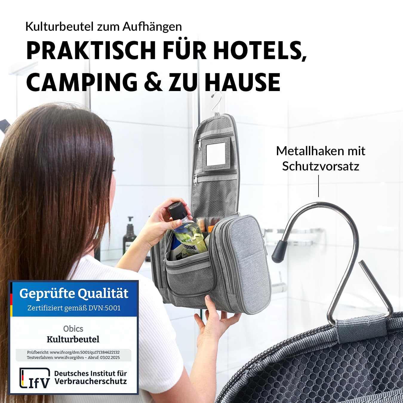Obics Kulturbeutel Herren & Damen Gross grau 8L XL - Kulturtasche zum Aufhängen & mit Spiegel - Toiletten-Tasche mit Henkel hängend - Kosmetik-Beutel groß - Waschtasche 10 Fächer für Camping Reisen