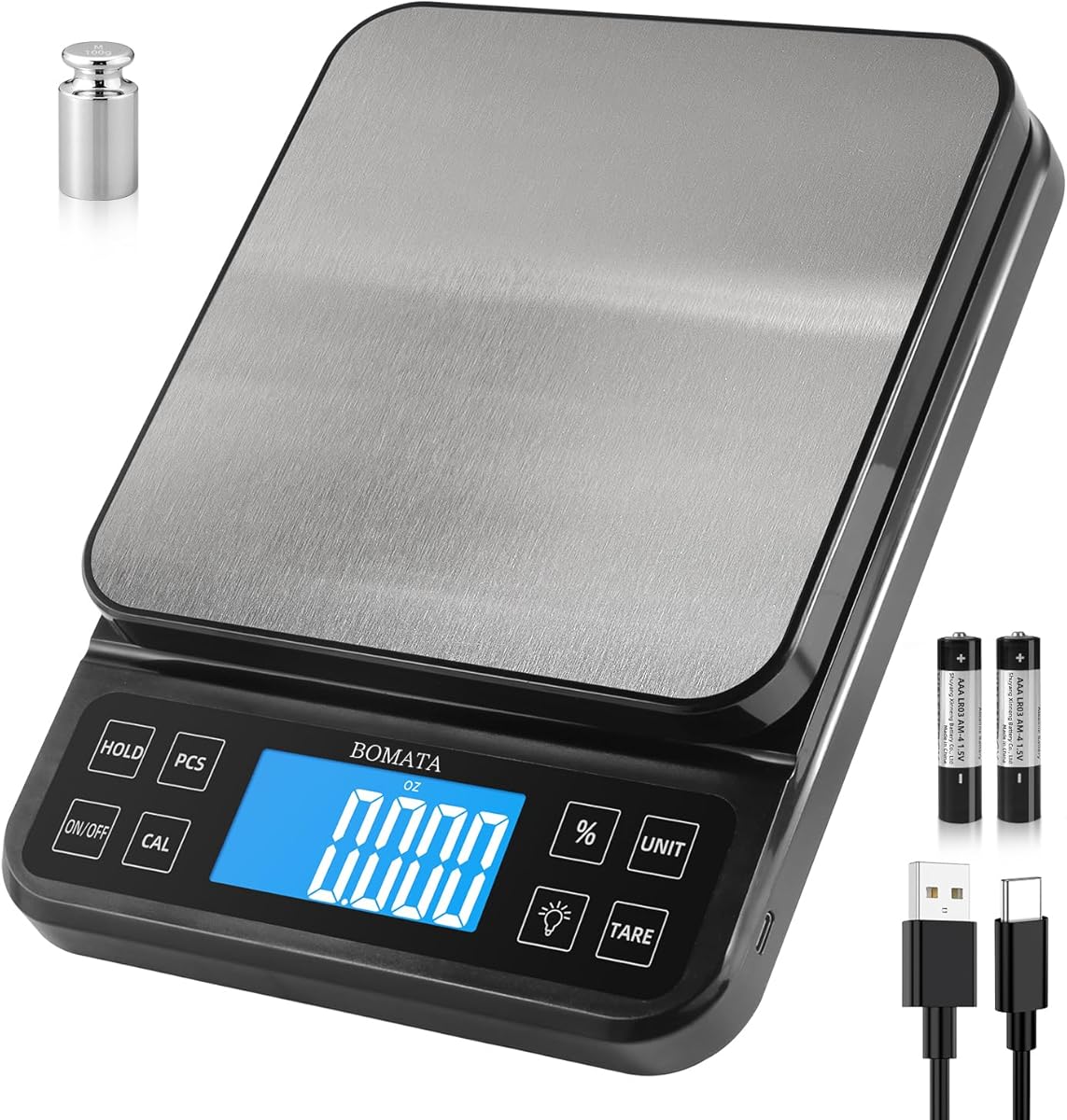 BOMATA Large Kitchen Scale with 0.1g/0.001oz High Precision, 5kg/11lb Bakery Scale with% Percentage Function, USB Rechargeable, Full-View Angle LCD with Backlight, Stainless Steel Pan