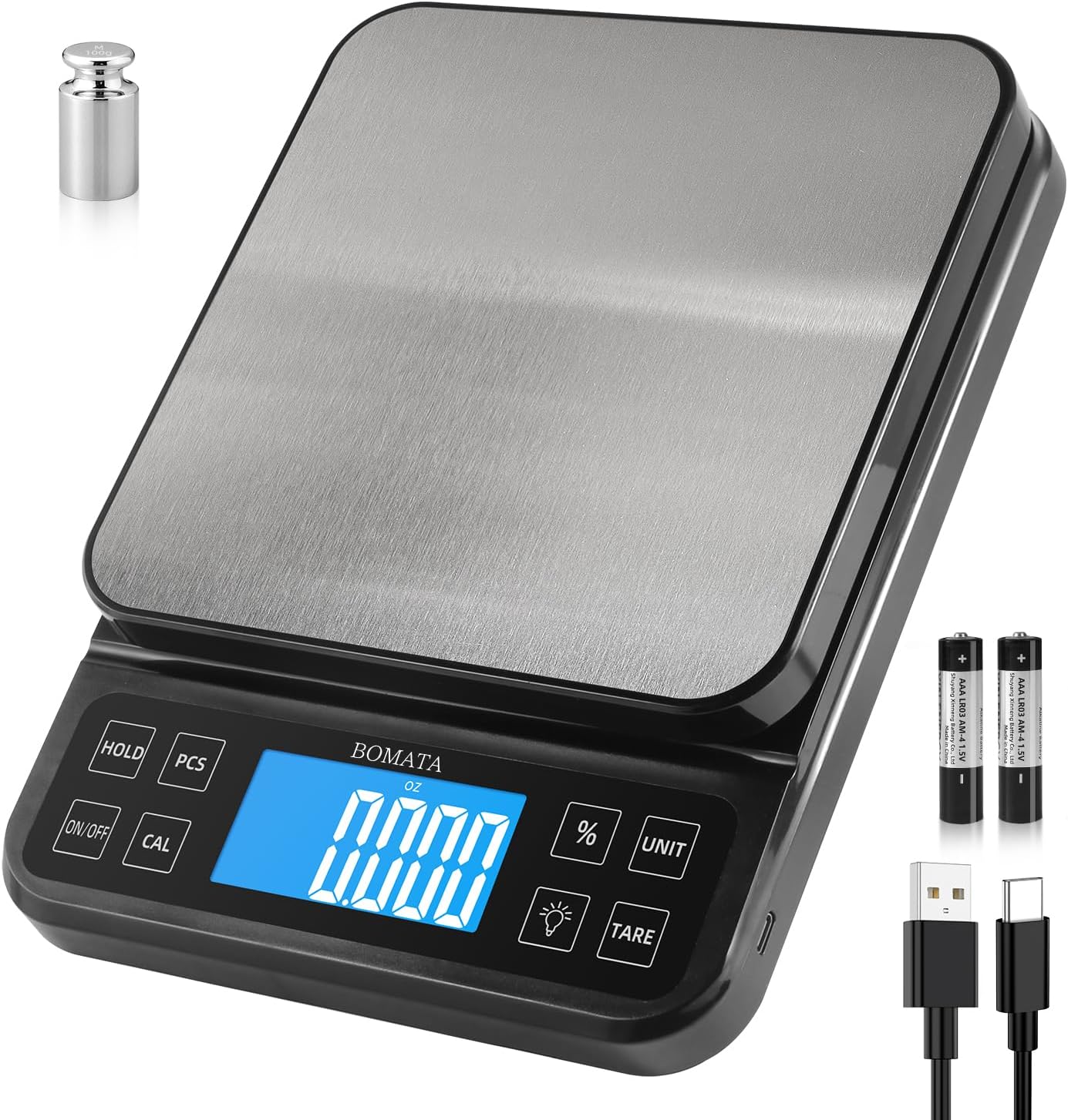 Large Kitchen Scale with 0.1g/0.001oz High Precision, 5kg/11lb Bakery Scale with% Percentage Function, USB Rechargeable, Full-View Angle LCD with Backlight, Stainless Steel Pan