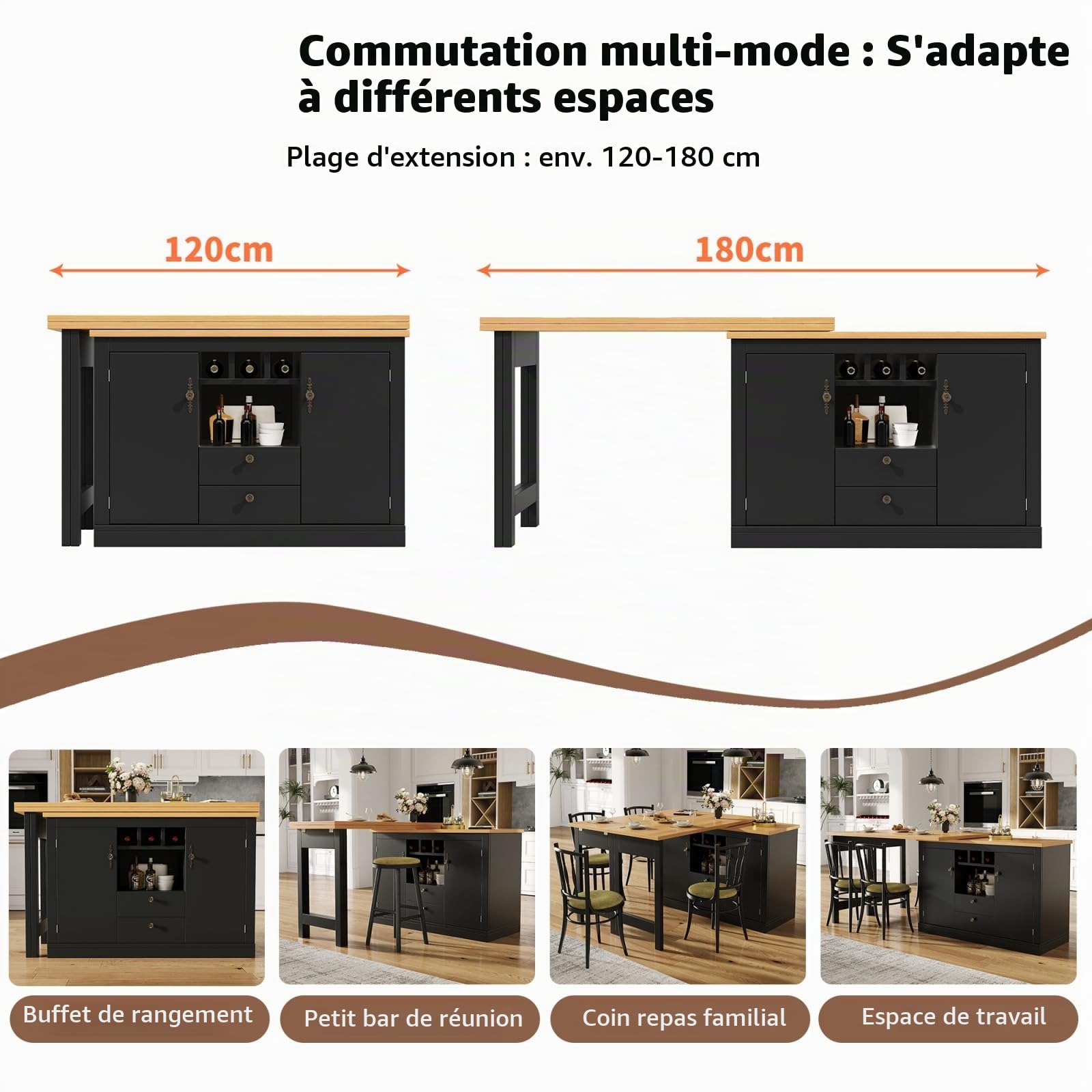 YEHTOKHOME Table de Bar Extensible avec Rangement, Table de bistrot avec 3 Porte-Bouteilles, Table à Manger Extensibl 120-180 cm, Plateau Pivotant 360°, Étagères Réglables (B-Noir)