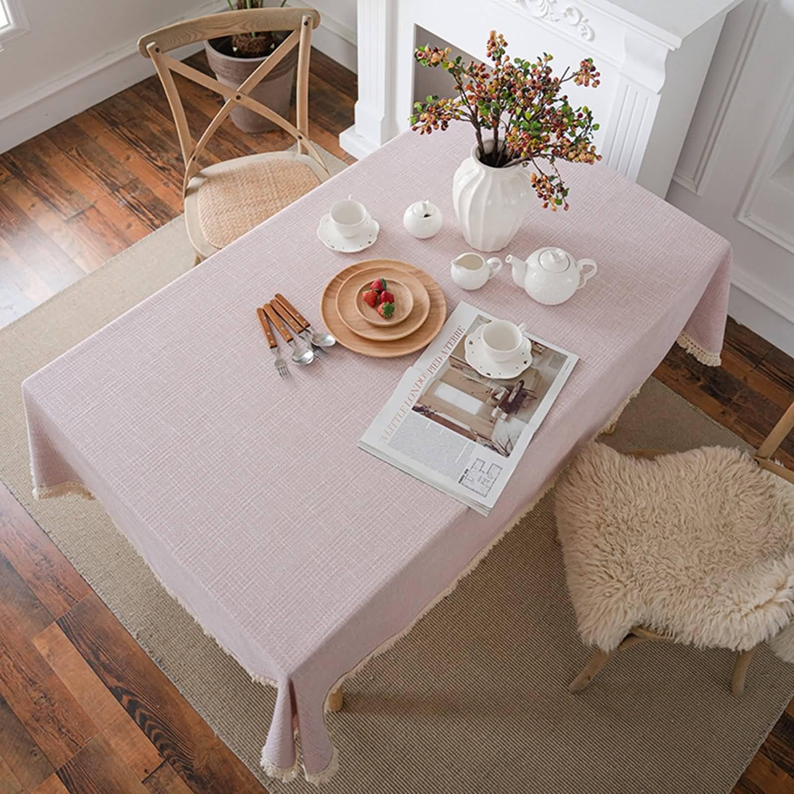 Tovaglia Decorativa Quadrata, Tovaglie 150 x 150 cm Semplice con nappa lavorata a maglia in Poliestere Copritavolo per Tavolo da Pranzo, Cucina, Festa CompleannoRosa