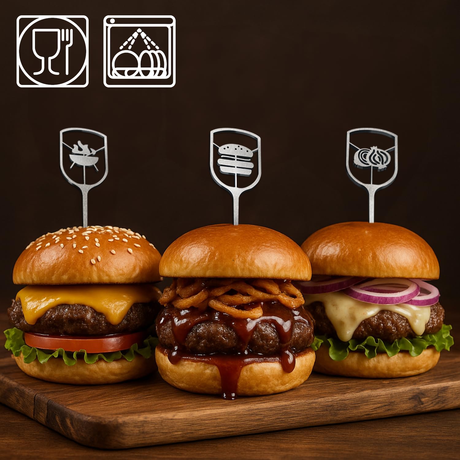 com-four® 6 spiedini burger acciaio inox 16 cm, punte metalliche con impugnatura ampia aperta, accessorio cucina, barbecue per servizio elegante (6x - aperto - 16 cm)