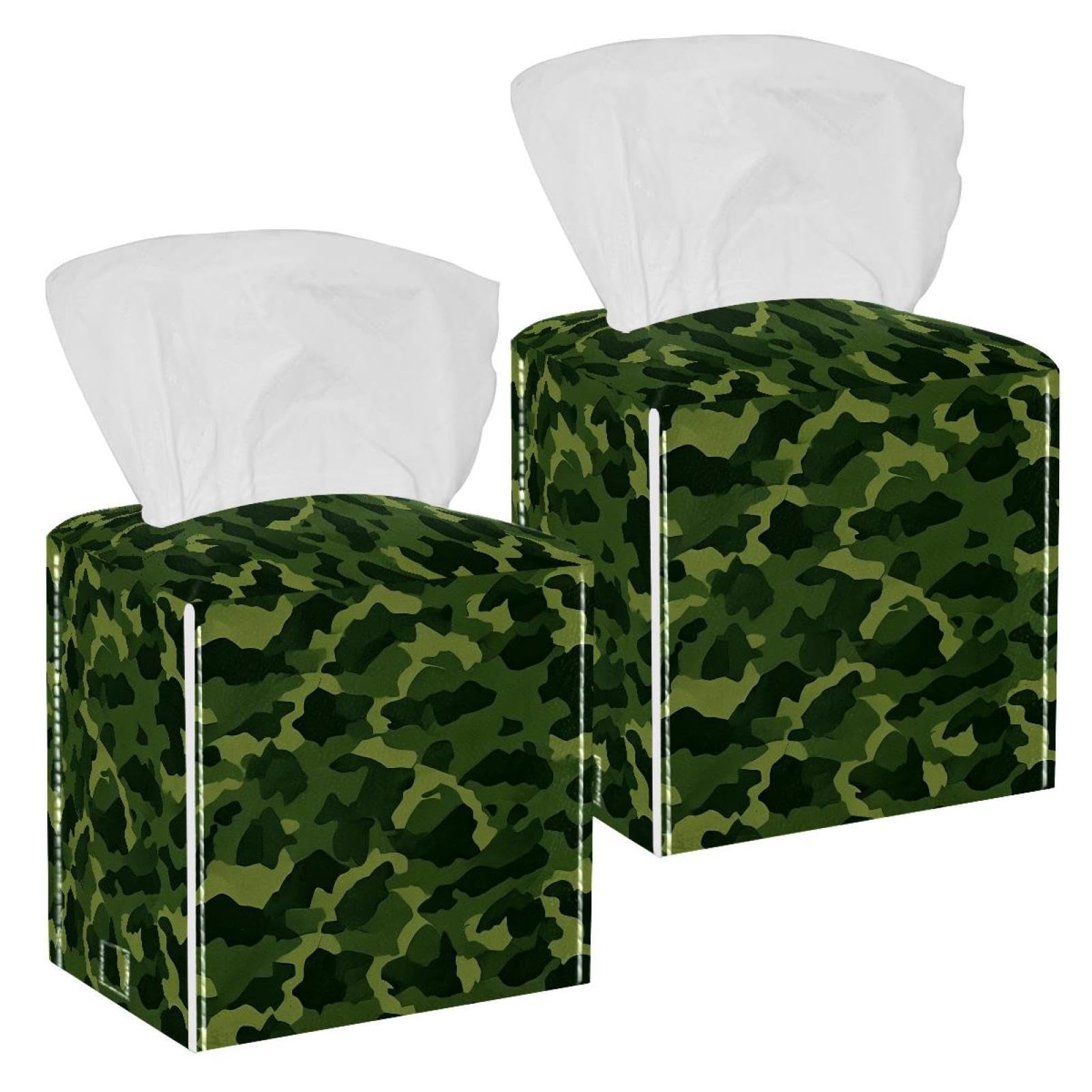 Green Camouflage Tissue Box Cover, 2 Pack PU Leather Square Facial Tissue Dispenser Box holder for Home Office Car