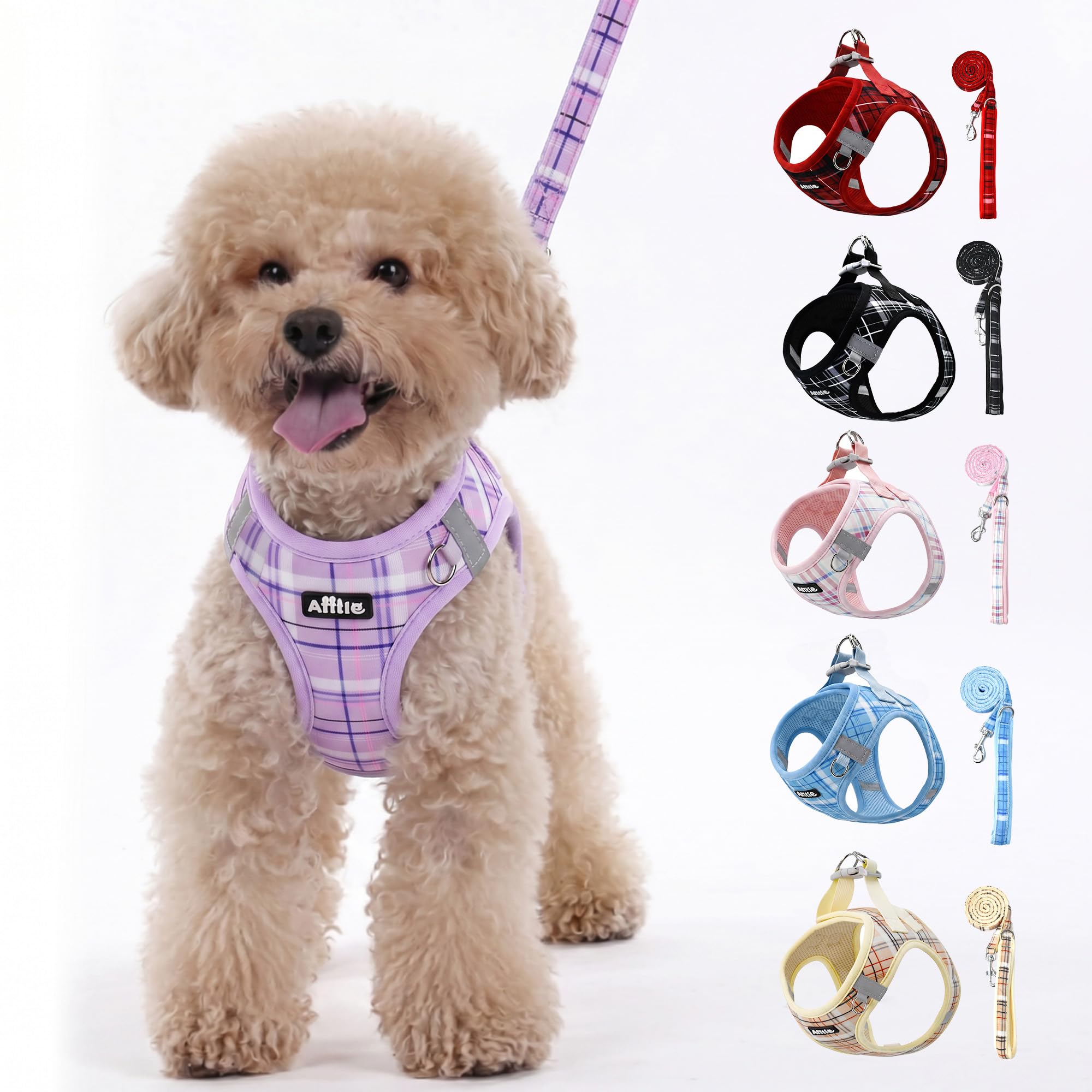 AIITLE Dog Harness and Leash Set, Step in No Pull No Choke Soft Vest Harness Reflective for Extra Small Dogs, Adjustable Plaid Puppy Harness for Walking, Running, Training, Camping, Purple XS