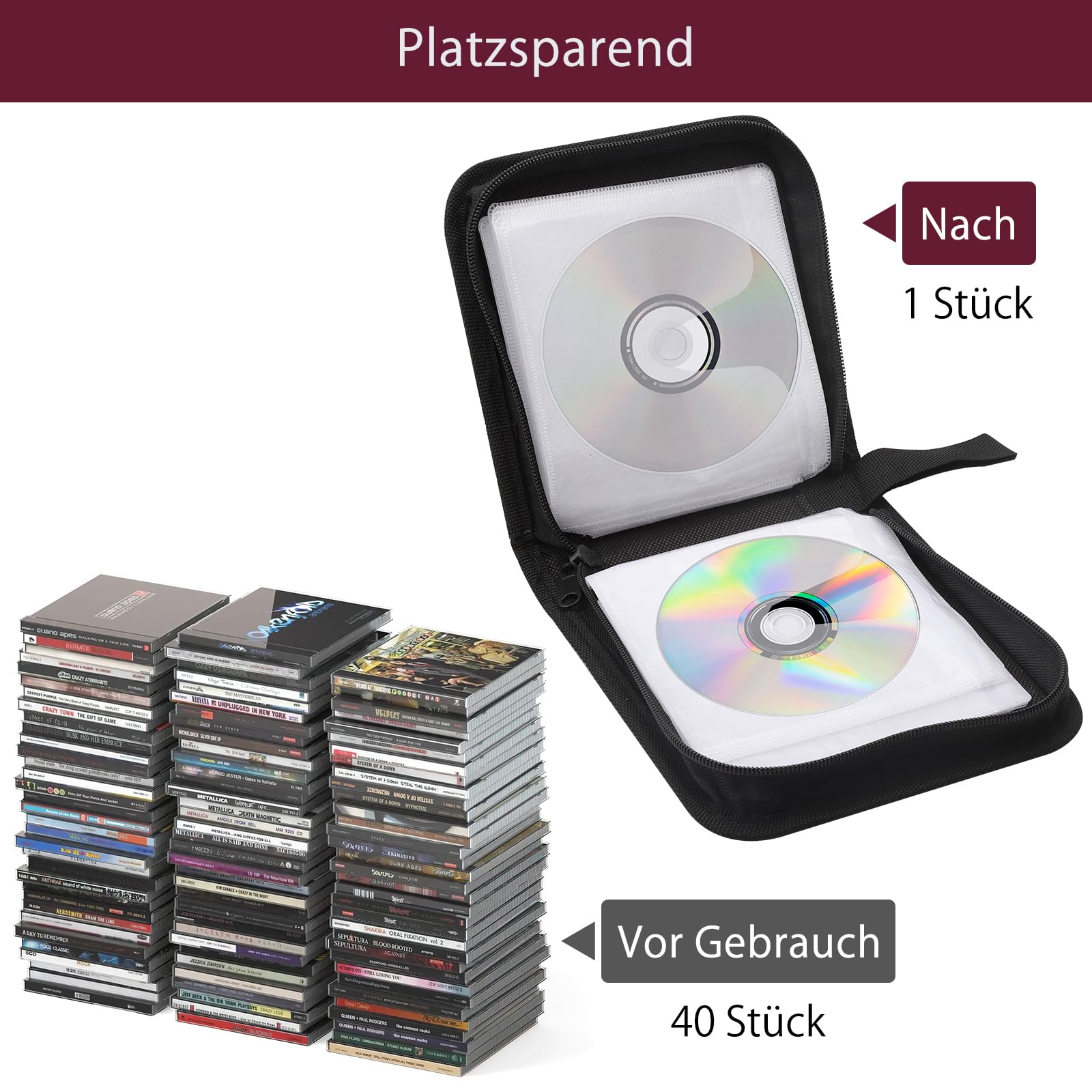 HENGBIRD 2 Pièces Pochette Range CD Pochette CD Rangements pour CD et DVD pour 40 CD, DVD Organisateur pour Voiture et Maison, Gain de Place pour Le Bureau, Le Salon et La Maison, Rouge et Noir