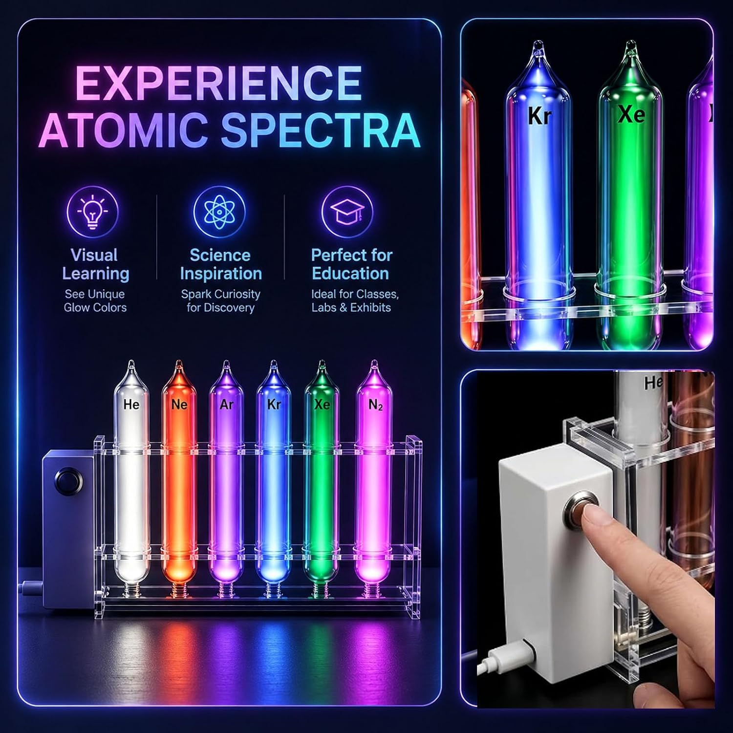 Tubos De Gases Nobles, Juego De Tubos Luminosos De Gases Raros con Base Excitadora, Elementos Luminosos Sellados Al Vacío De 99,999% De Pureza (he, Ne, Ar, Kr, Xe) para Experimentos Científicos,