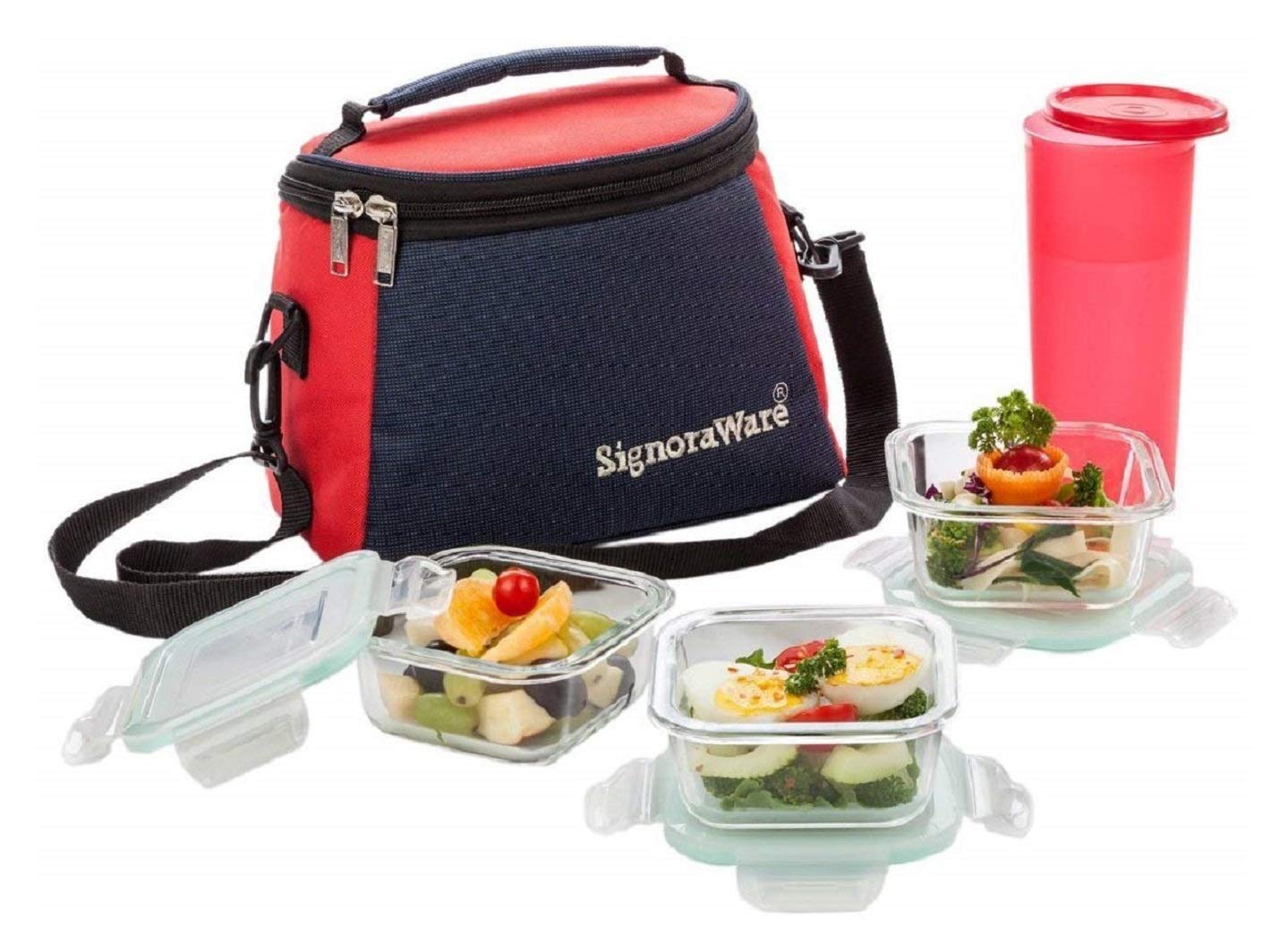 Signora Ware Best High Microwave Safe Office Lunch Box Set With Bag | Borosilicate Glass | Safety Lock Airtight Tiffin Containers (Set Of 3 320Ml+320Ml +320Ml + 1 Plastic Tumbler | Transparent) (B071RXRD42) Amazon Price History, Amazon Price Tracker