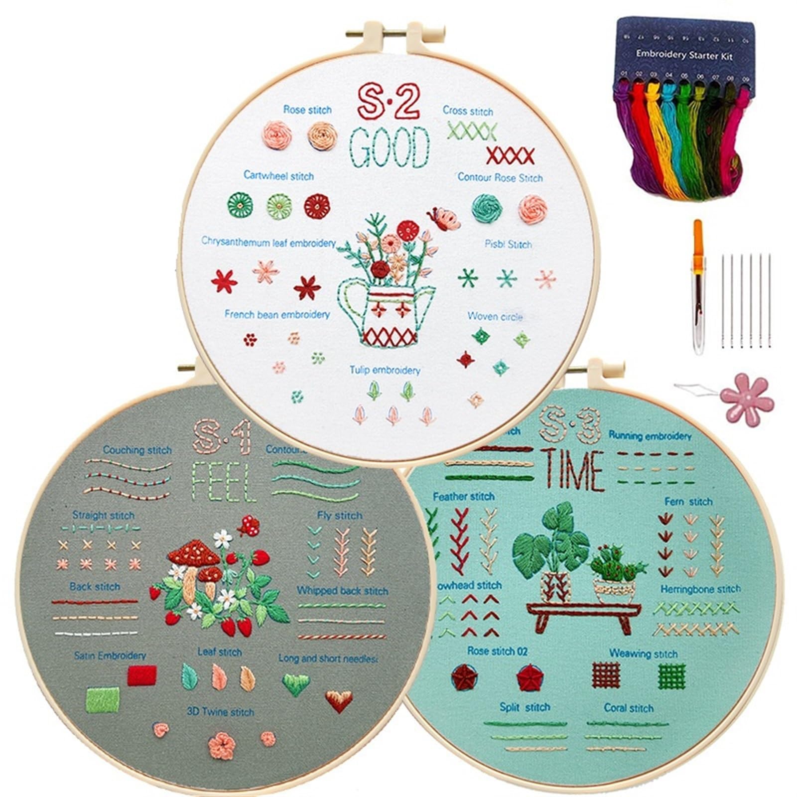 haft, Zestaw do haftowania, 3 zestawy Startowy zestaw Naucz się różnych ściegów Zestawy samodzielnego montażu(Color 03,Without hoop)
