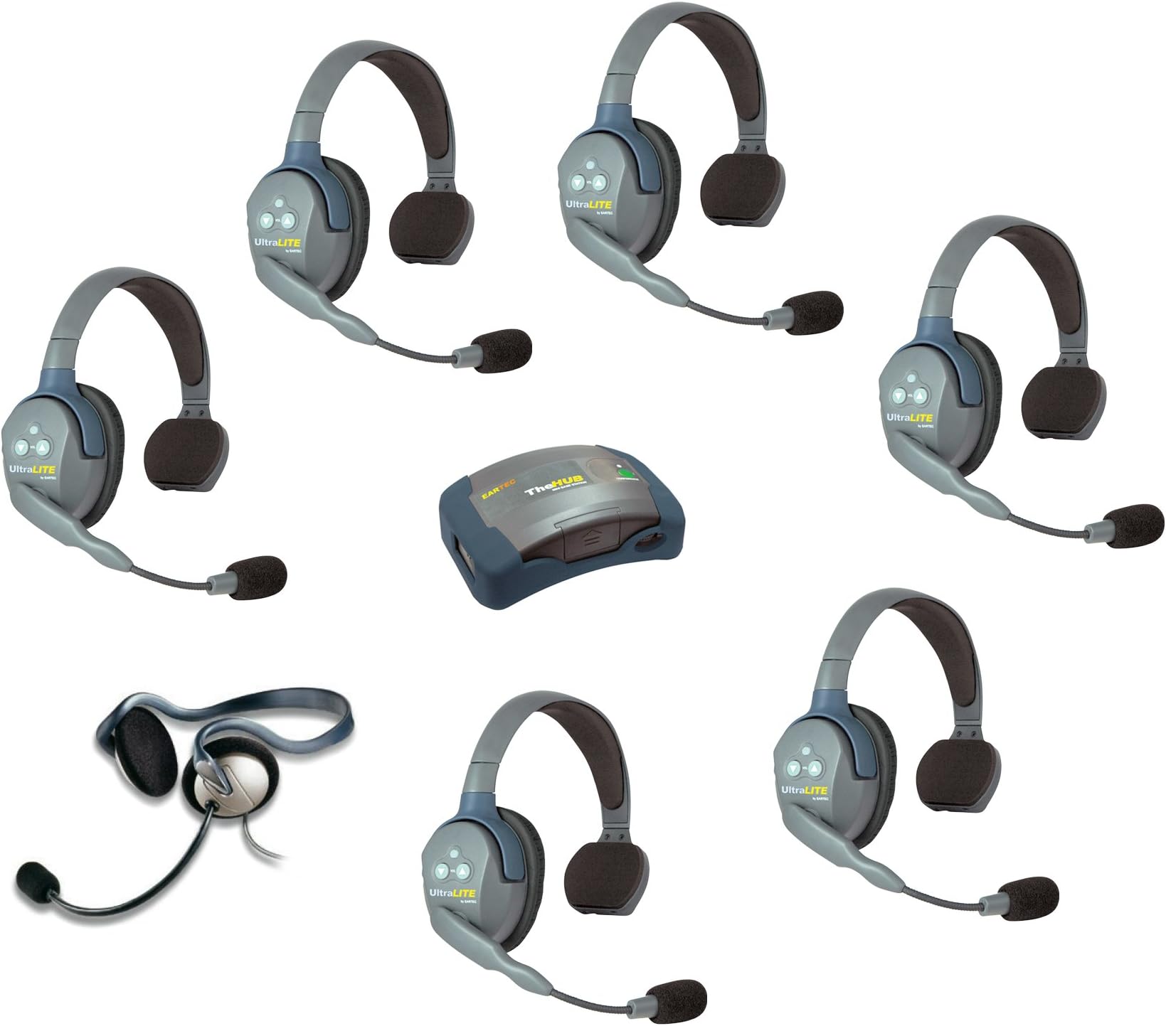 Eartec HUB7SMON UltraLITE Wireless System 2 Way Radio License-Free for 7 Users - 1 HUB Transceiver Base, 1 Monarch Over-Ear Industrial Headset, 6-Pack of ULSR Single-Ear DECT 6.0 Headsets