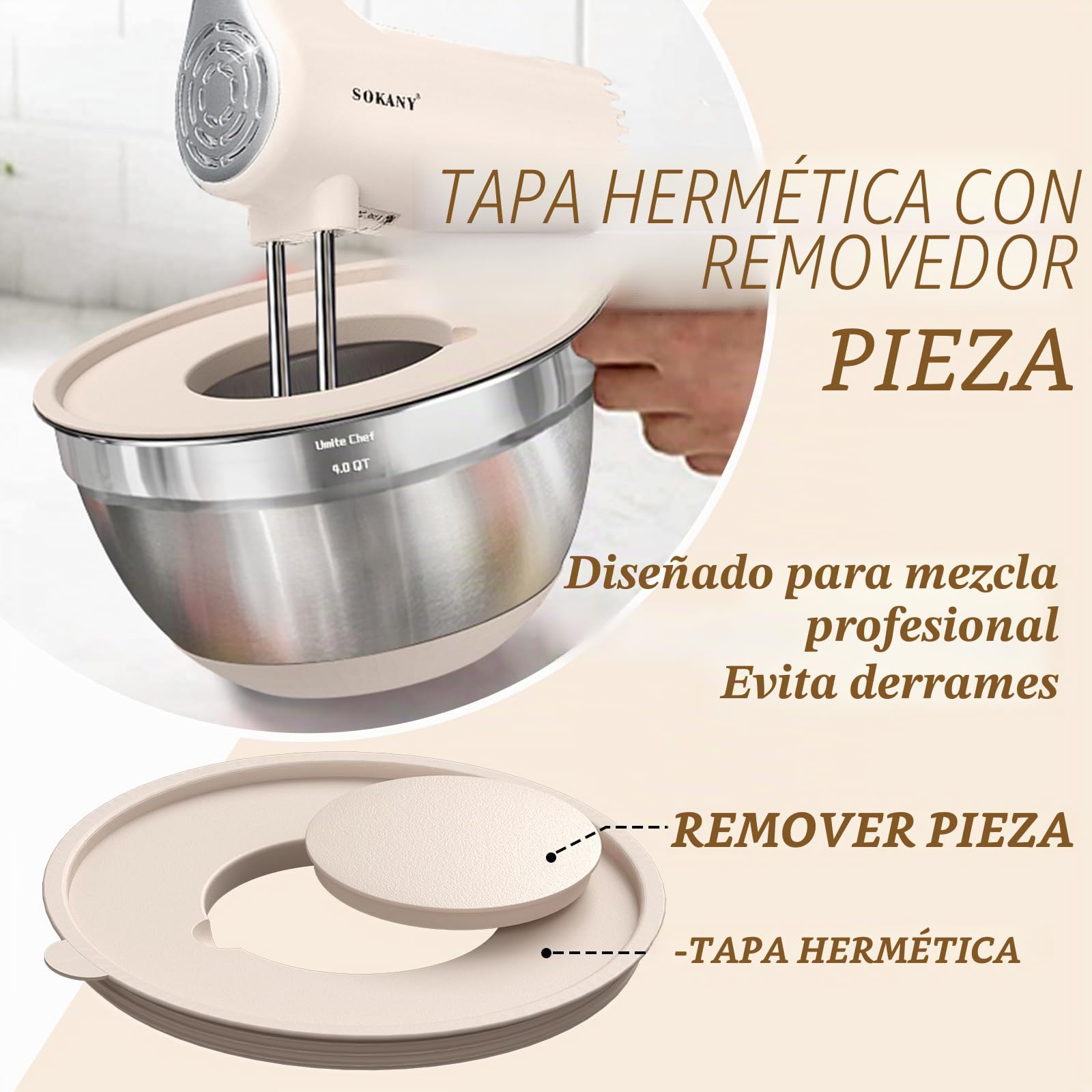 Umite Chef 8 cuencos para mezclar con tapa hermética, de acero inoxidable, color caqui, con accesorios de rallador, cuencos de cocina con base antideslizante, tamaño 5, 4, 3,5, 2, 1,5 l para mezclar y