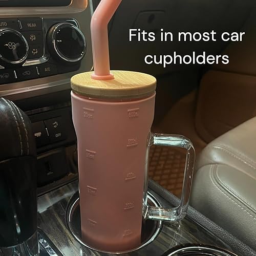 Miniatura 3 de Vaso de vidrio de 20 onzas con asa, taza de batido de café Boba con tapa de bambú, funda protectora de silicona, sin BPA (rosa)