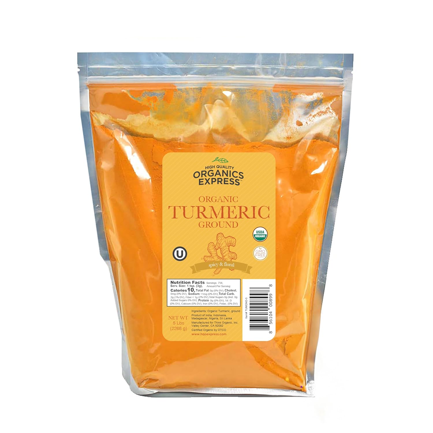 HQOExpress Bulk Organic Ground Turmeric Powder – 5 lb Value Bag (80 oz) USDA Organic | Non-GMO | Kosher | Sustainably Grown | Lab Tested | Legacy Brand Since 1977