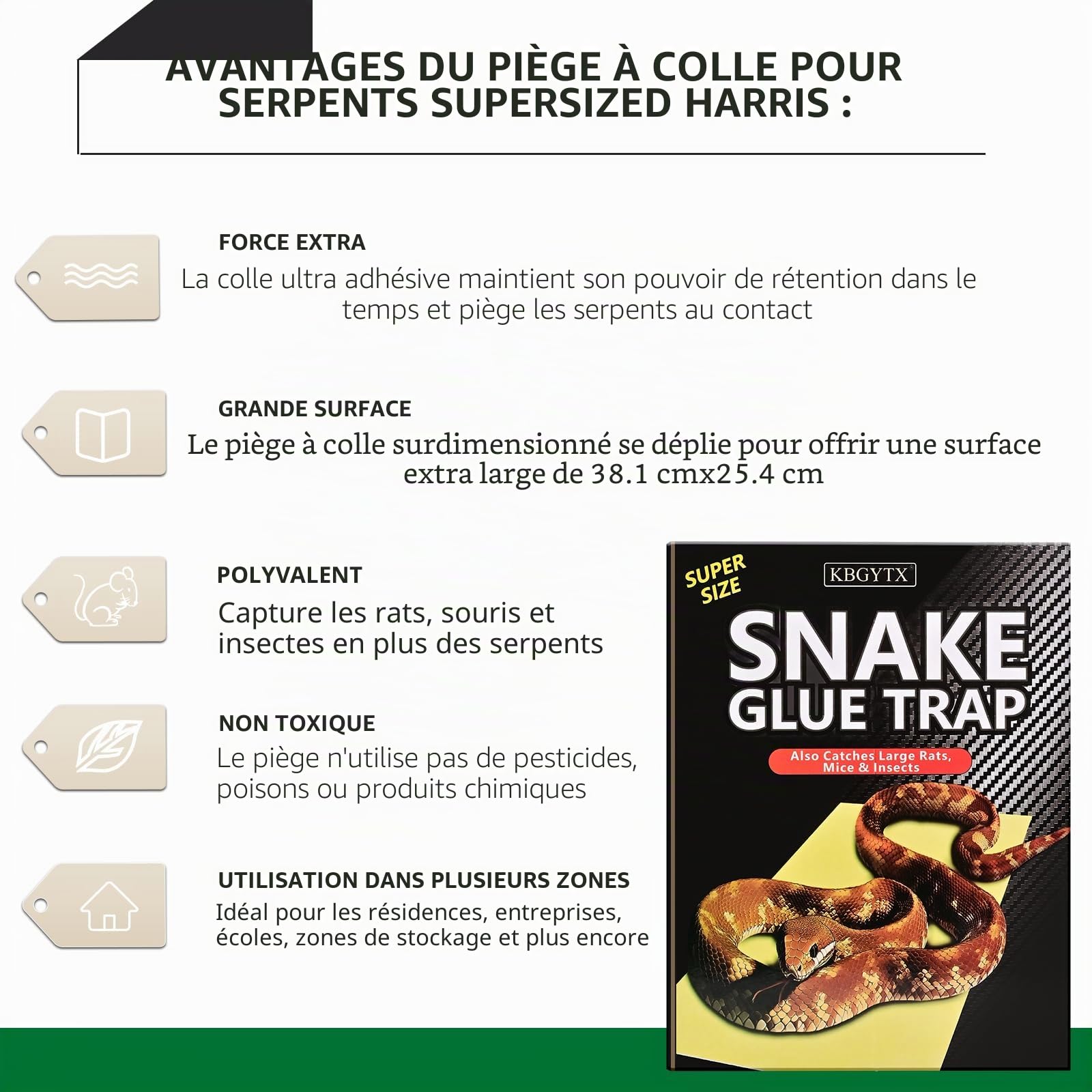 Lot de 4 grands pièges à colle en forme de serpent de 25,4 x 40,6 cm avec adhérence améliorée, planche adhésive pour maison, intérieur et extérieur, pièges à colle pour serpents, souris, rats, faciles