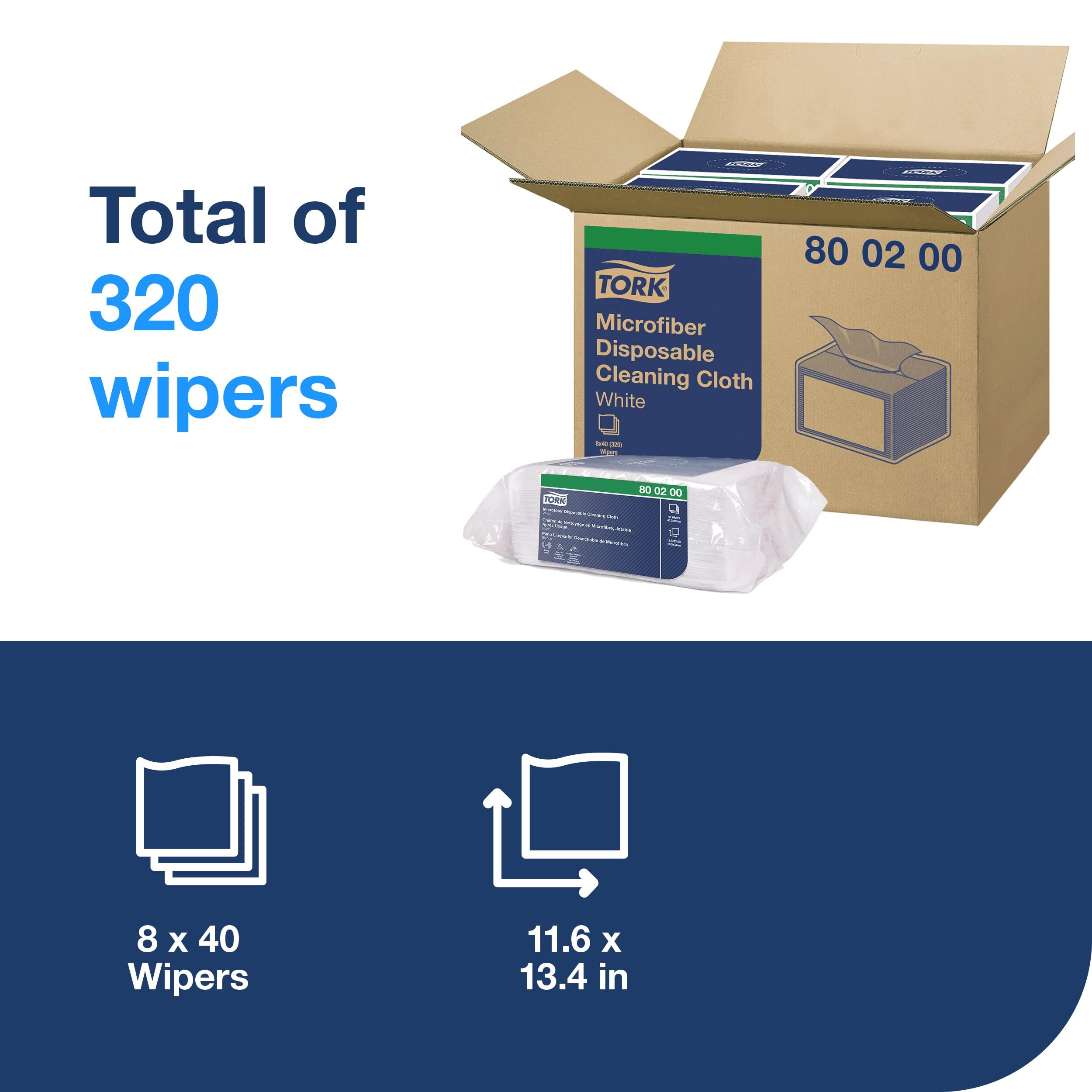 Tork Paño de limpieza de microfibra desechable blanco con estampado azul, uso seco y húmedo, 8 x 40 paños 800200