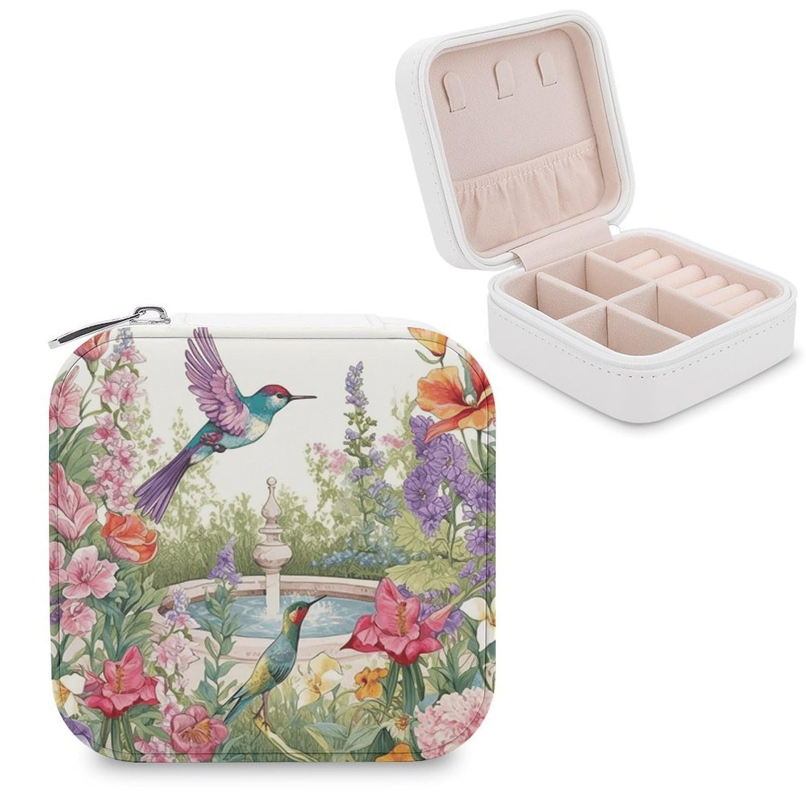 VstaDank Garden with Birds And Flowers Travel Jewelry Case Zipper Portable Small Jewelry Box Custom Pu Leather Mini Traveling Jewelry Organizer for Rings Earrings Necklace Bracelet Girls Women