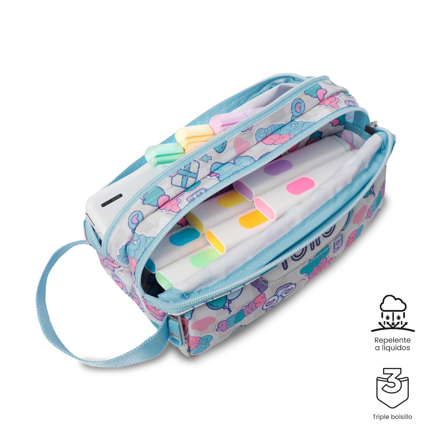 TOTTO - Pack Mochila Escolar Adaptable a Carro, 20L, Modelo Acuareles + Estuche 3 Compartimentos Modelo Agapec