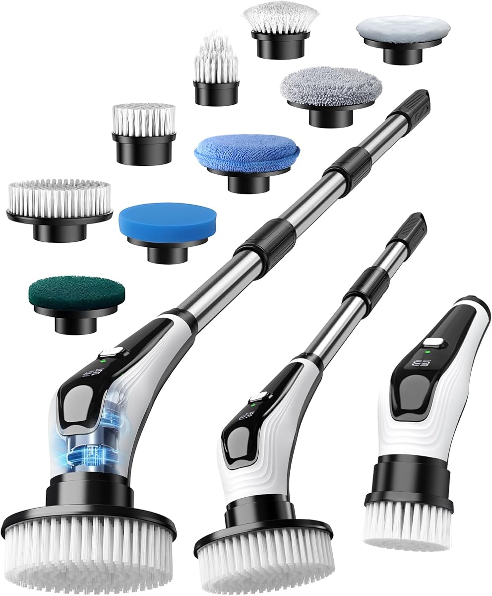 Elektrische Reinigungsbürste mit 9 Wechselbürsten Elektrisch Fugenbürste Vollkörper-IPX8-Wasserdicht Electric Spin Scrubber mit Verstellbarem Griff 2 Geschwindigkeiten für Badzimmer Küche Auto Fußbode