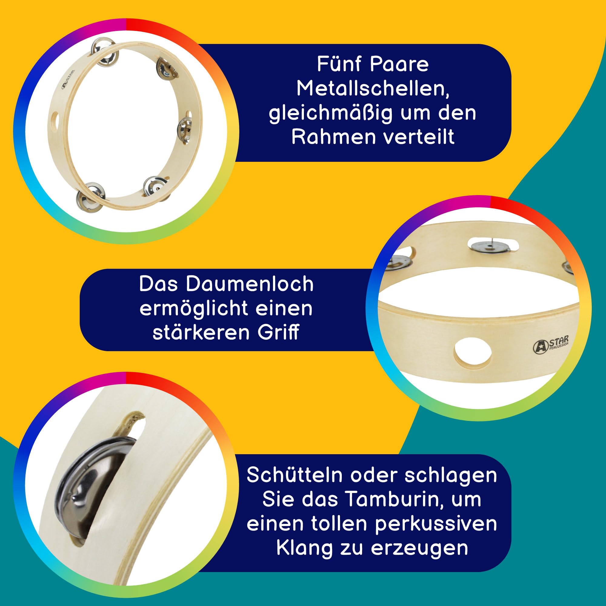 A-Star 8 Zoll/20 cm handgehaltenes kopfloses Tamburin aus Holz, traditionelle Single Jingle Bell Row – 10er-Pack