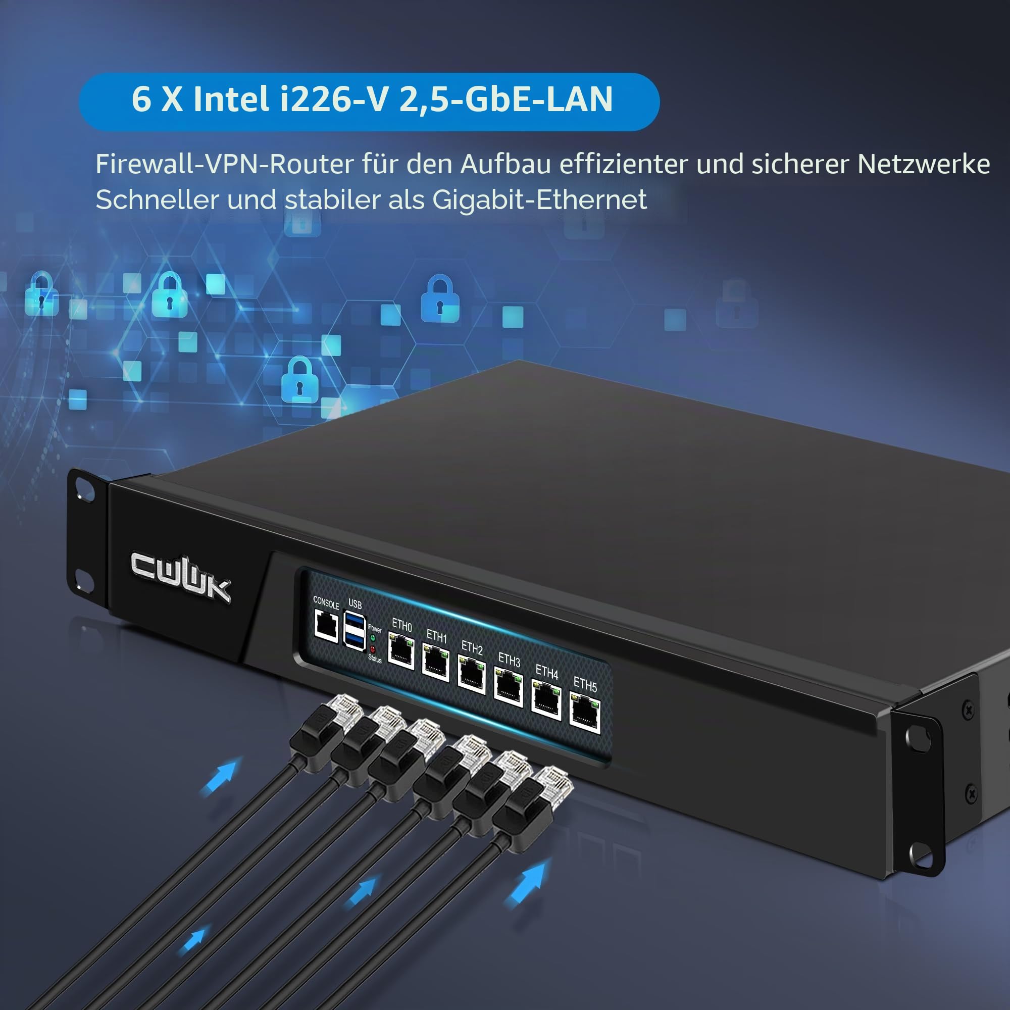 CWWK 1U N100 Firewall Appliance Rackmount, 19” Rack Firewall Hardware mit 6 Ports i226-V 2.5GbE LAN, U1 OPNsense Homelab Server DDR5 8GB RAM 64GB SSD, HD + VGA 2-Display, AES-NI