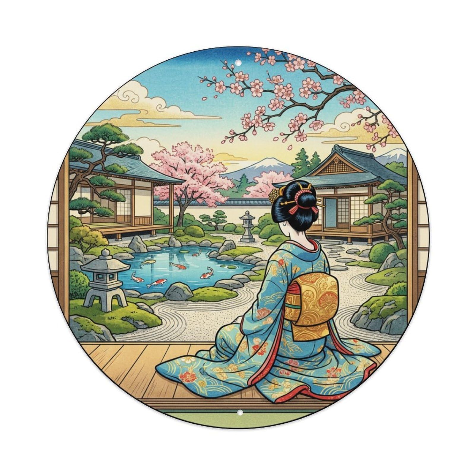 Metal Tin Sign Japanese Geisha Noon Garden Courtyard Resting Ukiyo-e