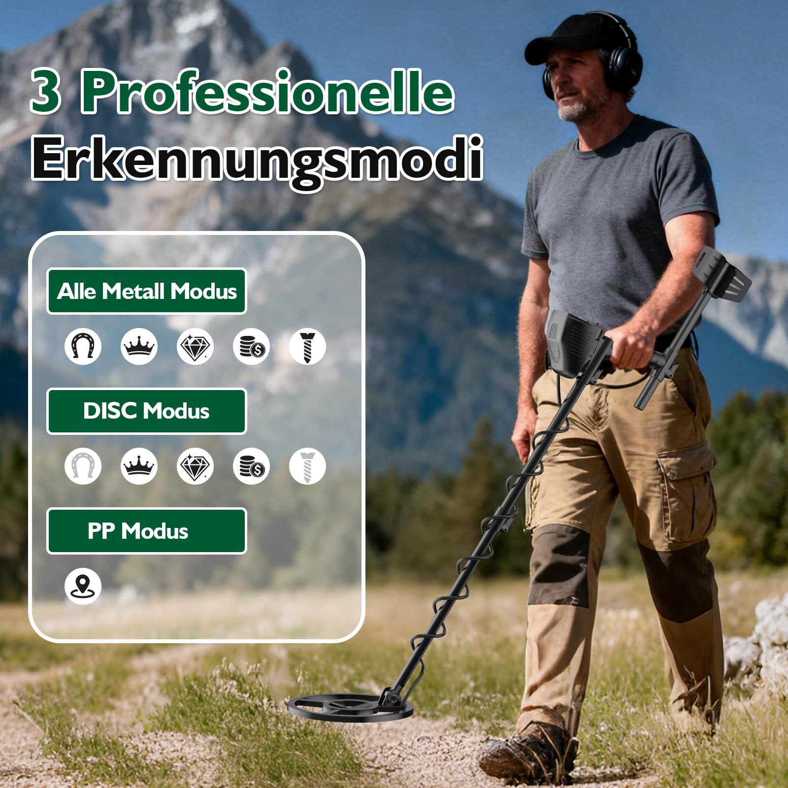OMMO Detector de Metales Profesional para Adultos y Niños, Pinpointer Detector de Metales Recargable por USB, 3 Modos, Alta Precisión, Bobina Impermeable IP68, Metal Detector con Auriculares, Verde