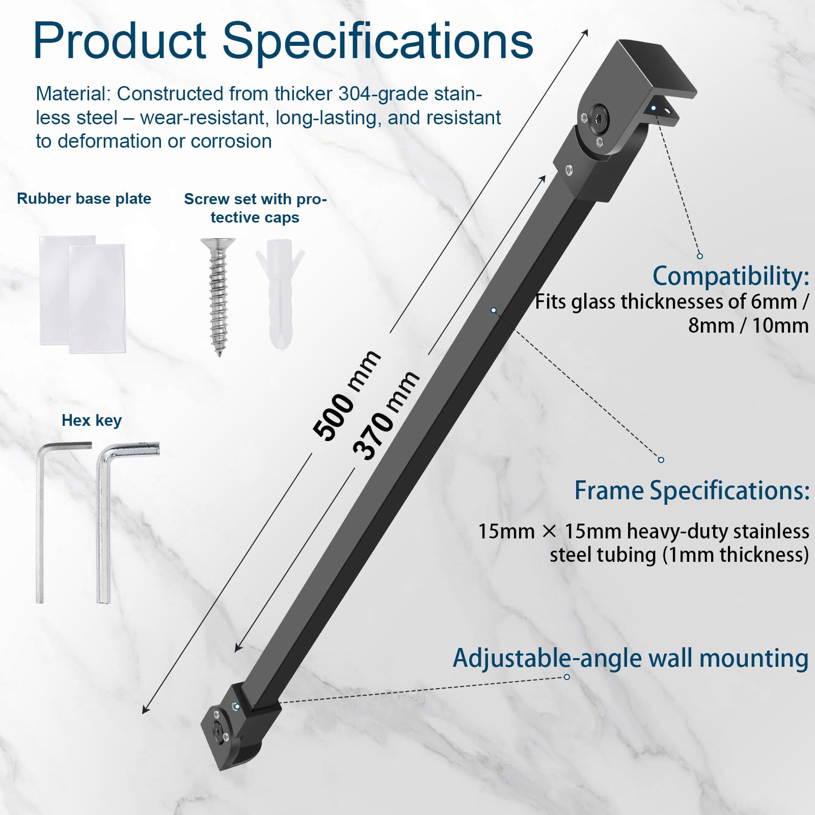 SVNR Barre de support pour écran de douche en acier inoxydable, 500 mm, rotative à 180°, épaisseur du verre de 6 à 10 mm (noir mat)
