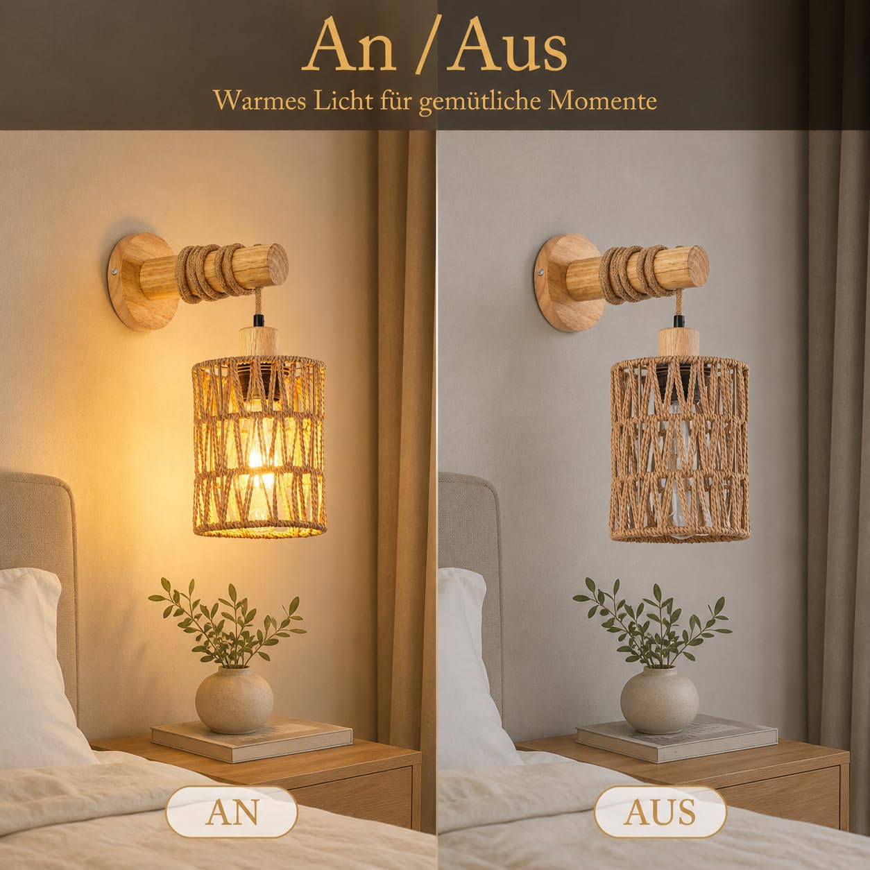 2er-Pack Vintage-Boho-Wandleuchten aus Holz und Rattan, E27 | Handgeflochtener Schirm, Festverdrahtet Wandlampe Vintage, Boho für Schlafzimmer, Wohnzimmer, Flur und Treppenhaus