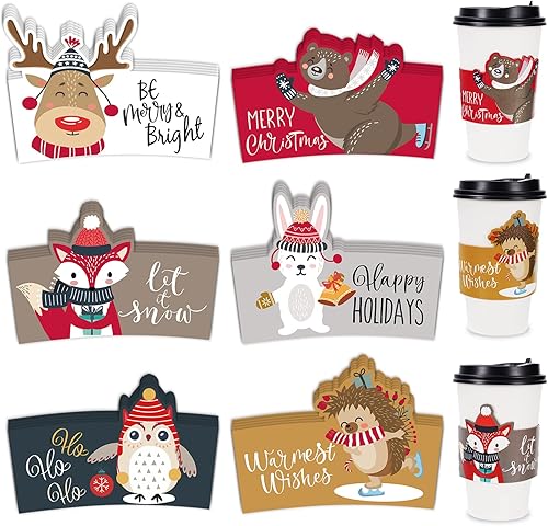 Whaline Paquete de 42 fundas de Navidad para taza de té y café, lindas fundas de Navidad para chaquetas de 12 y 16 onzas, 6 diseños de vasos de