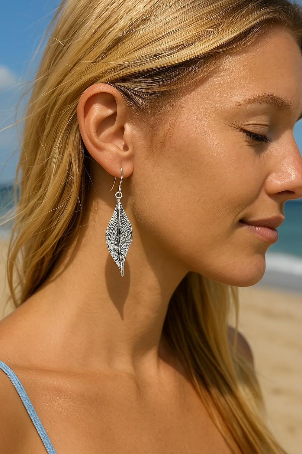 Wavy Leaf on Sterling Silver Dangle Earrings Bohemian Boho - Image 2