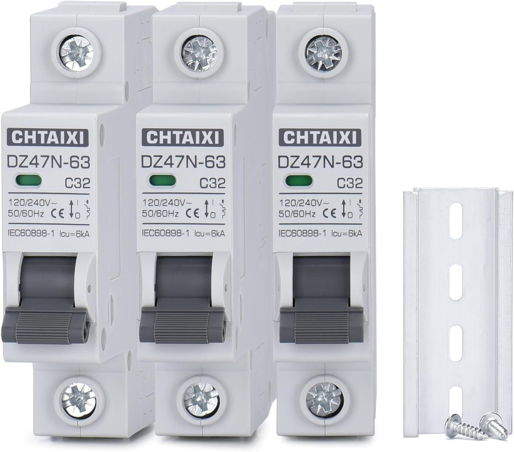 3 Pack 1 Pole Miniature Circuit Breaker, 20 Amp 120V/240V AC DIN Rail Mount Circuit Breaker, Thermal Magnetic Trip MCB C20(32 Amp)
