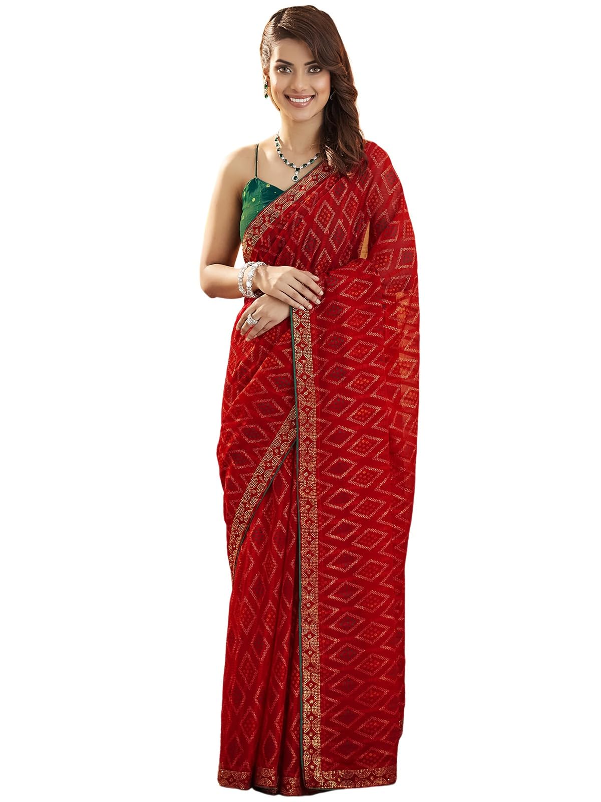 Satrani Women's Georgette Bandhani Printed Stone Work Self Woven Saree With Unstitched Blouse Piece (4020S571N_Red)