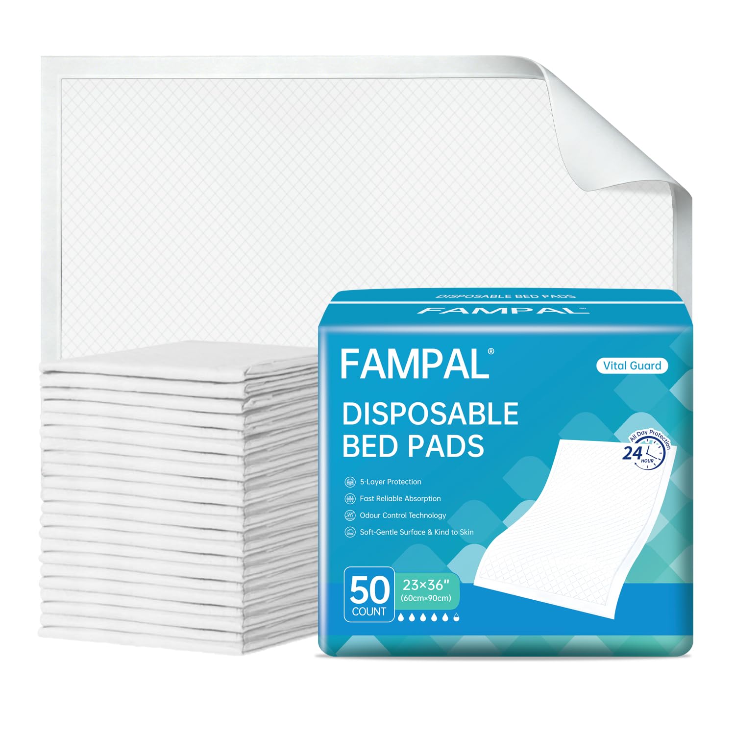 FAMPAL Disposable Incontinence Bed Pads for Adults & Kids, 60x90, 50 Count