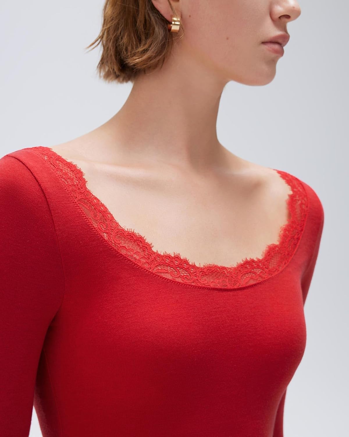 SUUKSESS Cloud Cashmere Women Lace Scoop Neck Tops Basic Long Sleeve Knit Shirts - Image 4