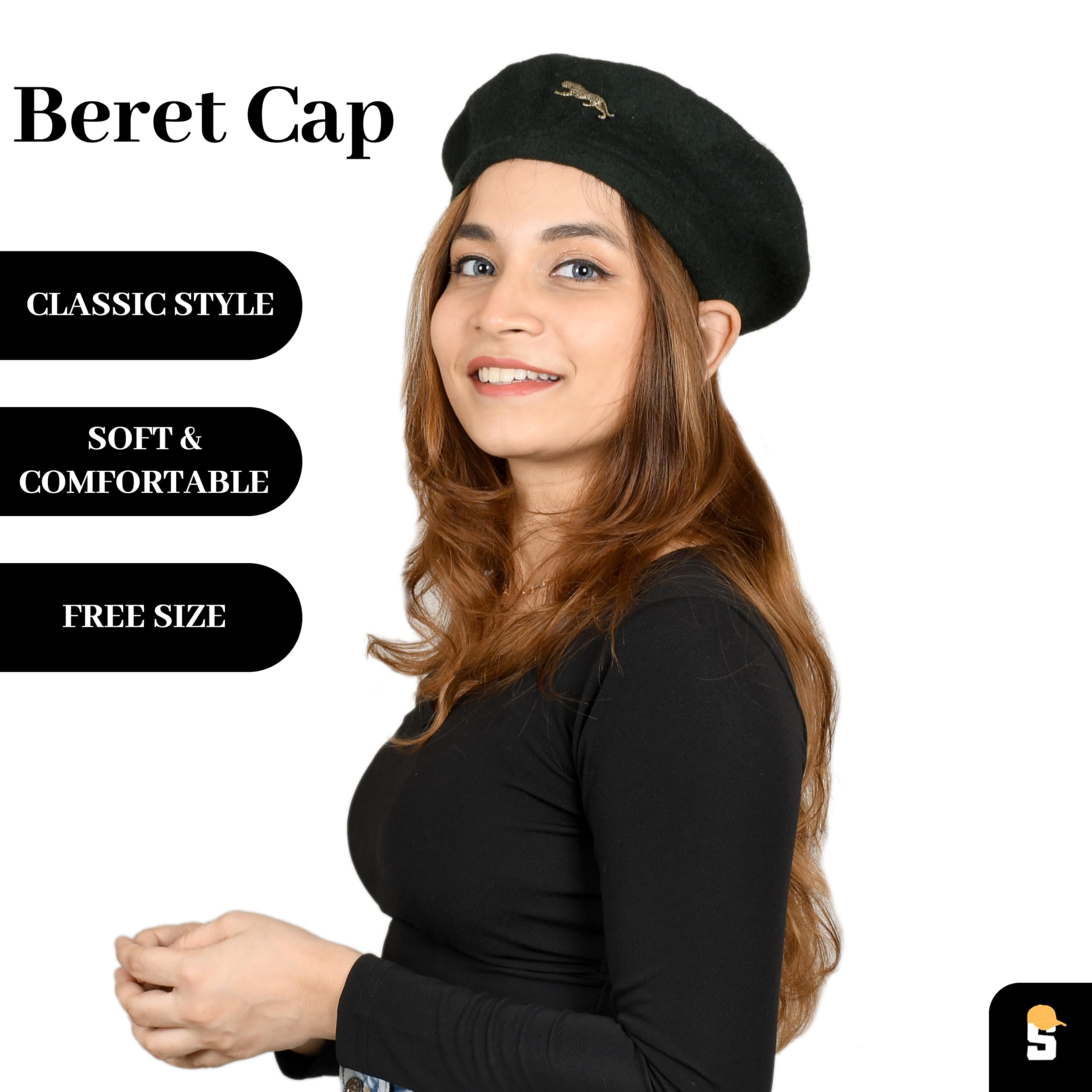 SOUL eTHICS Women's Premium Wool Blend French Artist Beret Cap - Stylish, Warm & Classic - Elegant Winter Beanie Hat for Girls & Ladies -Free Size (in, Alpha, Free Size, Black, Leopard) - Image 2 thumbnail