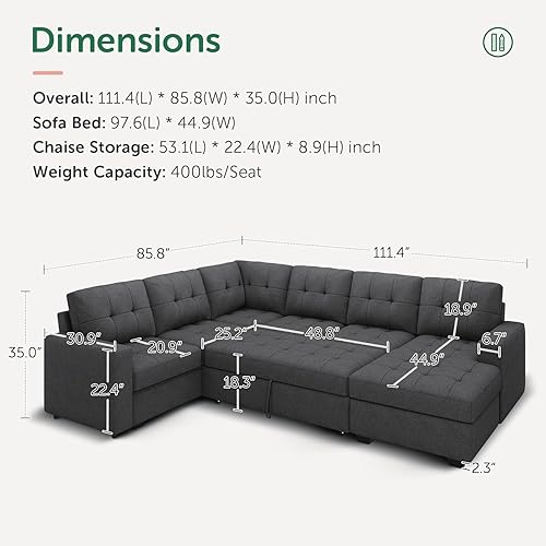 Miniatura 2 de HONBAY Sofá cama modular con diván de almacenamiento, sofá seccional, sofá cama para sala de estar, gris oscuro