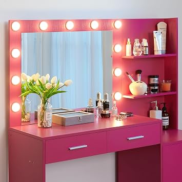 Vanity Desk with Mirror and Lights, 46.4" Dressing Table with 2 Large Drawers & Vertical Organizer, 3Level Dresser with 3 Adjustable Brightness Lighting Modes, Bedroom Makeup TableRose Pink