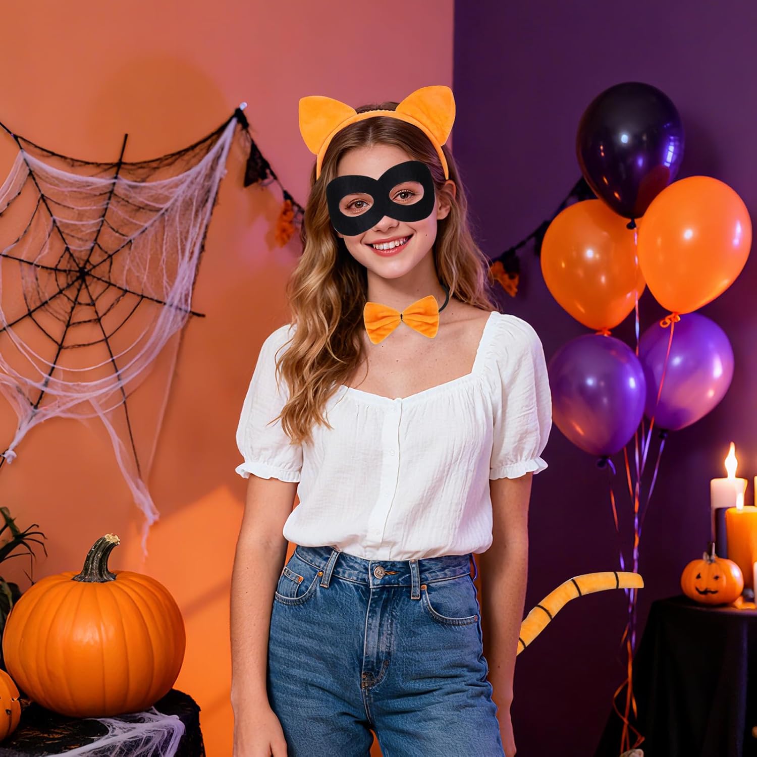 4pcs Orange Cat Costume Accessories Including Ears Headband Mask Adjustable Bow Tie Tail for Women - Image 5