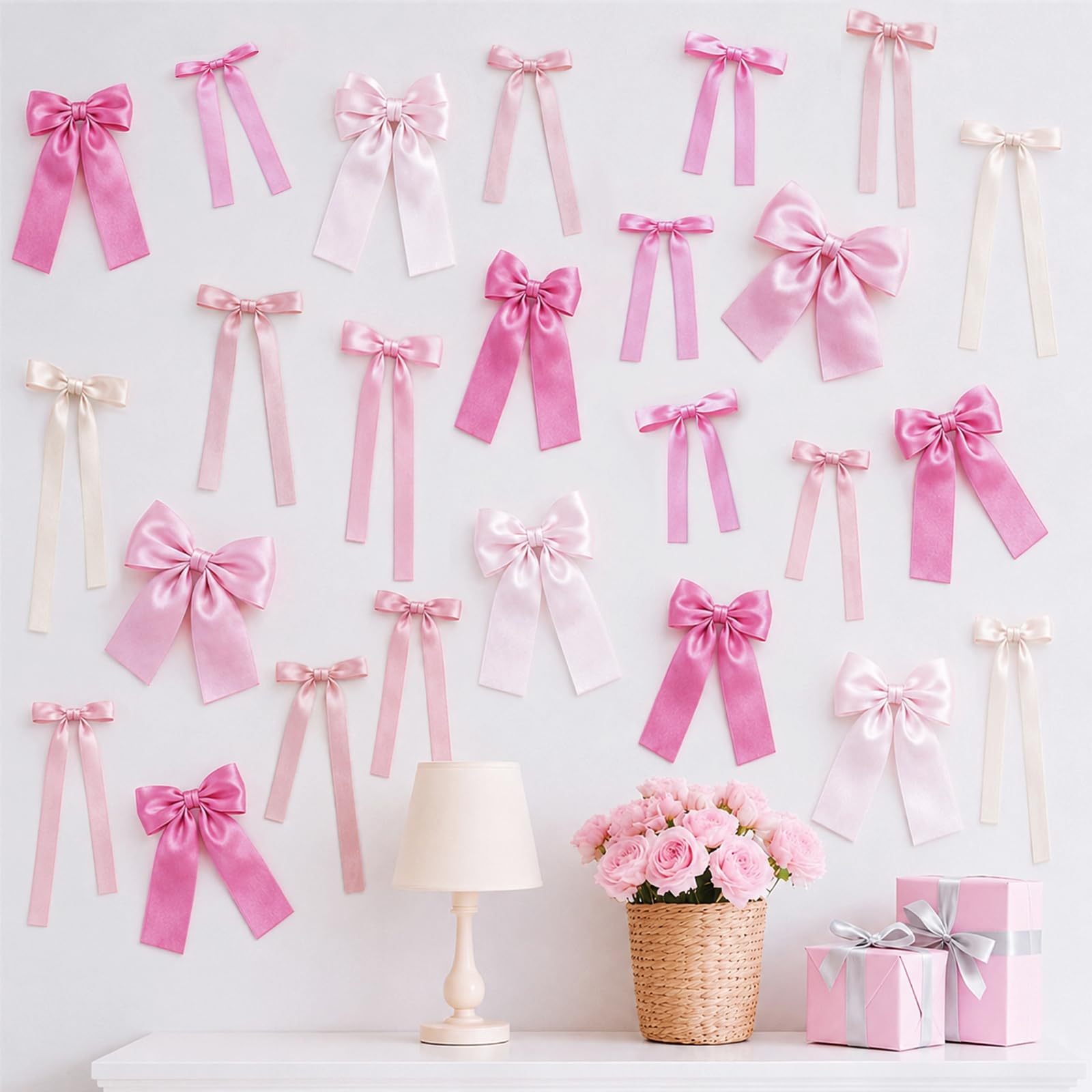 40Pcs Pink Bow Ribbon Birthday Decorations, 4 Size Bows Wall Decor Ribbon Bows Garland Party Decor for Ballet Style Women Girls Birthday Party Bachelorette, Wedding, Bedroom, Valentines Photo Backdrop