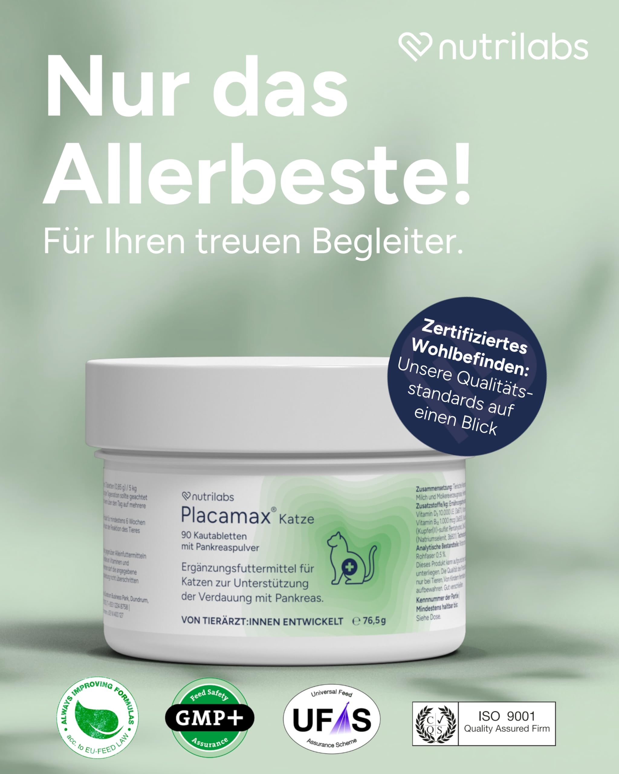 NutriLabs Placamax® Katzen-Tabletten 90 STK. - Gesundheitsprodukte - Verdauungstabletten - Nahrungsergänzung für Katzen - Ergänzungsfutter mit Pankreas-Pulver u.v.m.