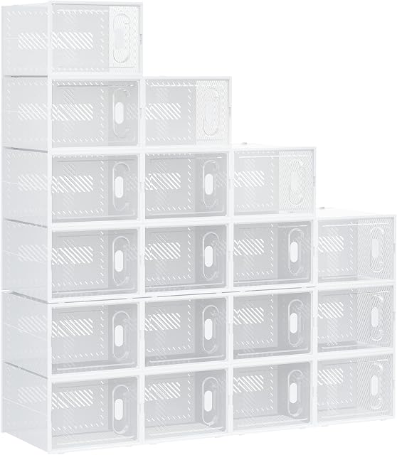HOMCOM 18PCS Clear Shoe Box, Plastic Stackable Shoe Storage Box for UK/EU Size up to 12/46 with Magnetic Door for Women/Men, 28 x 36 x 21cm