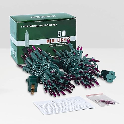 Miniatura 7 de Hopolon Juego de 50 mini luces incandescentes de Navidad color rosa y morado, cable verde de 13 pies con certificación UL para árbol de Navidad,