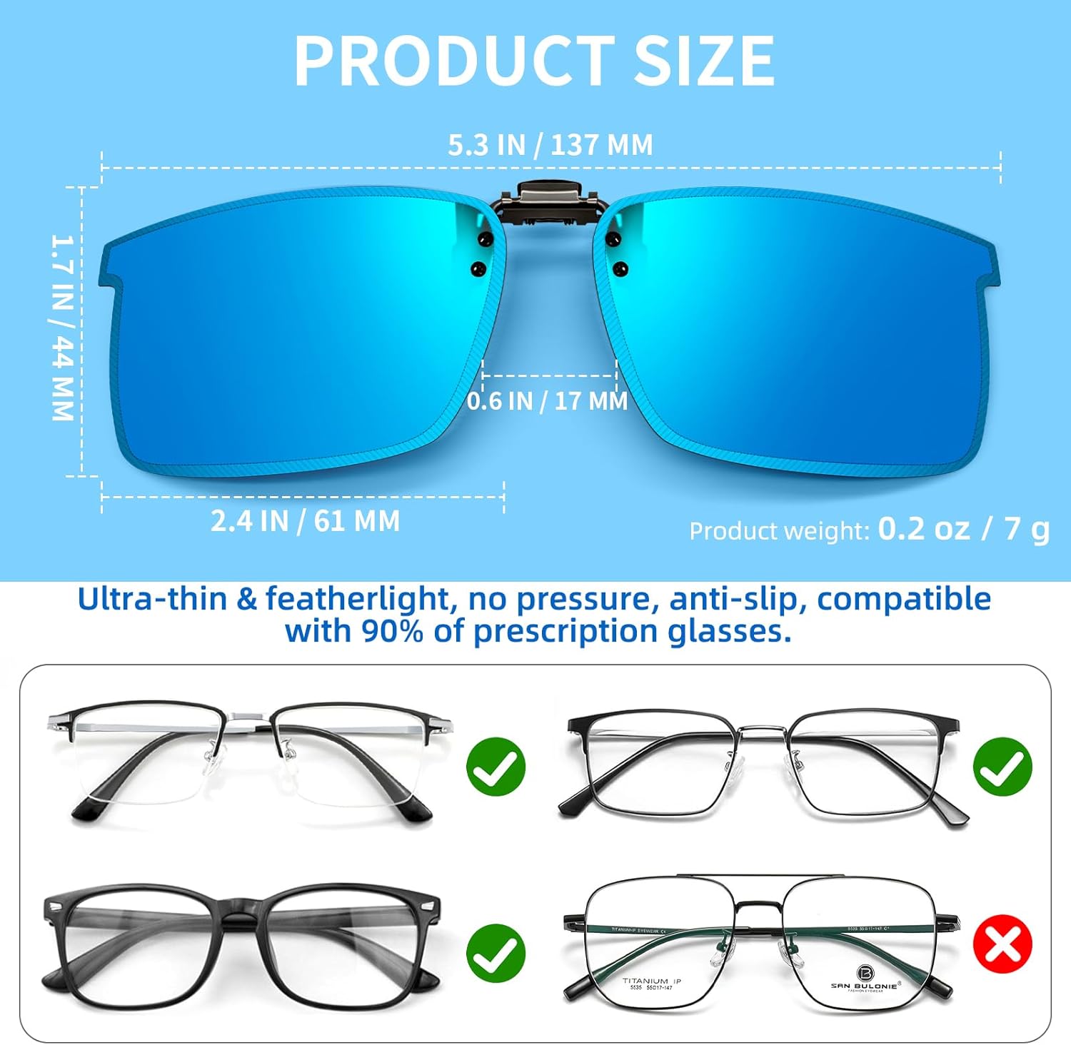 Polarized Clip-on Sunglasses for Men & Women, Universal Fit Over Prescription Glasses with Case