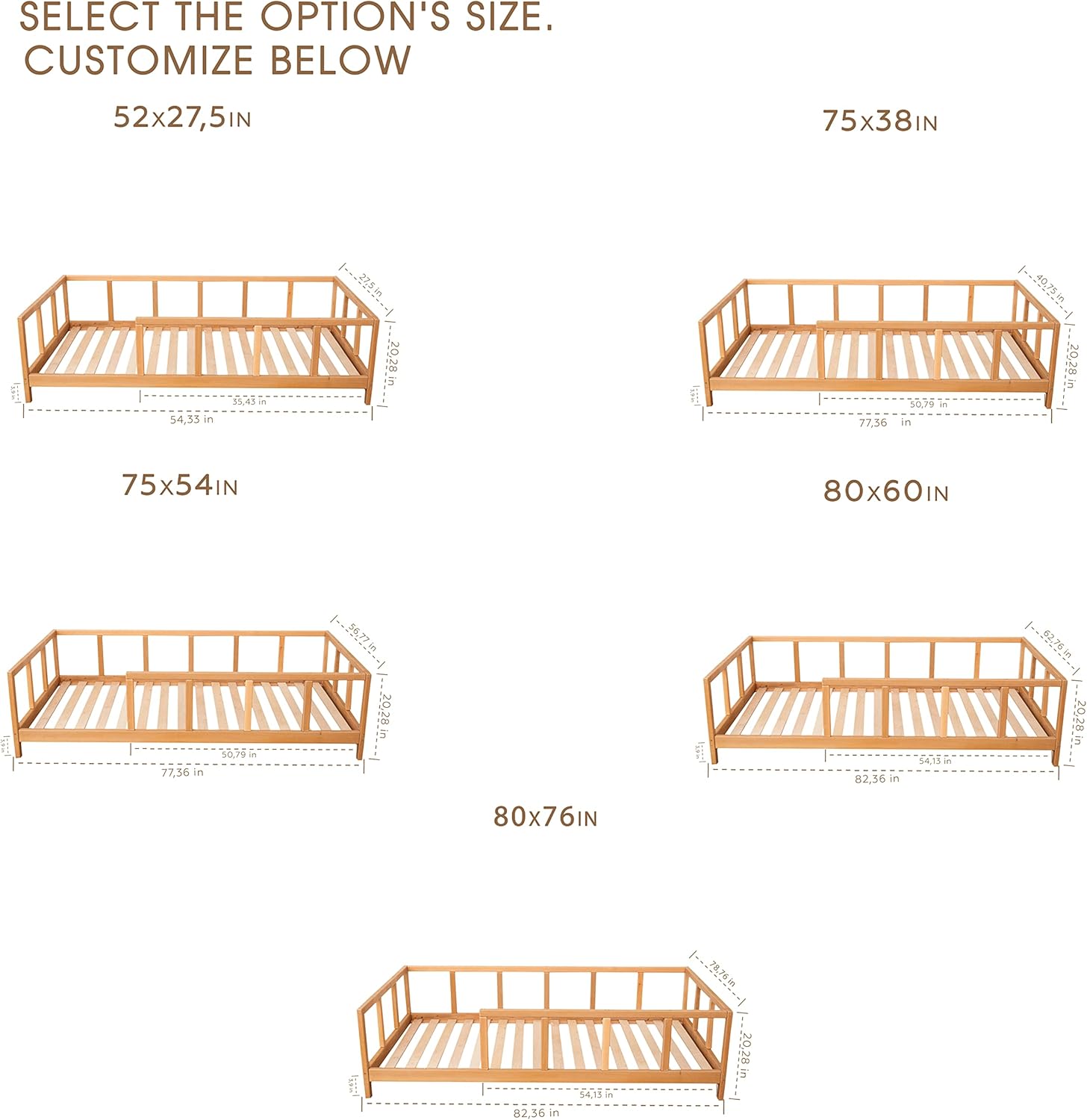 BUSY WOOD Montessori Bed Twin with Legs - Scandinavian Bed for Girls and Boys - Full Frame with Rails for Toddler Bedroom (Model 10)