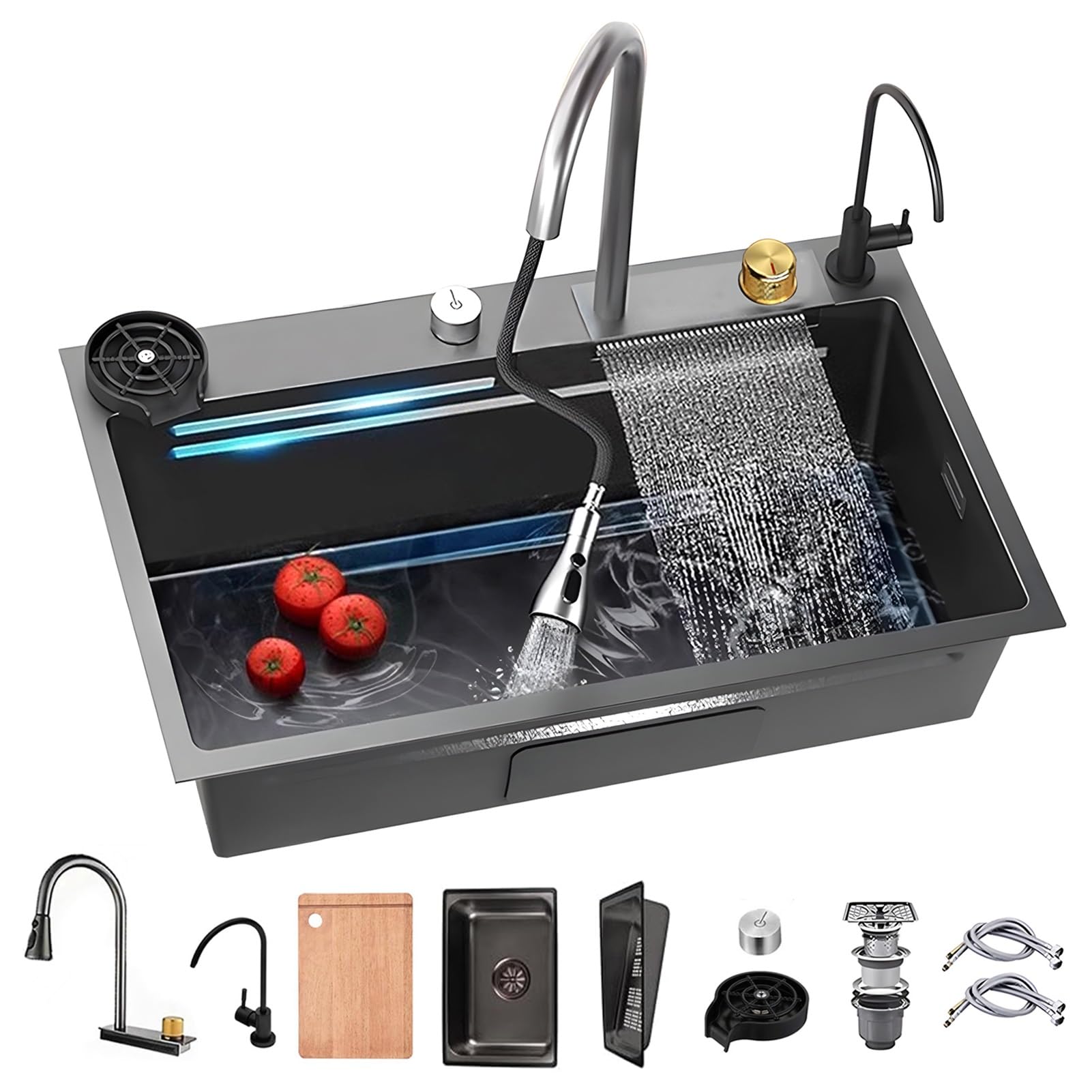 ZQFHSX 68x45cm Topmount Stainless Steel Kitchen Sink – Single Bowl Workstation with Waterfall Pull-Out Faucet & Cutting Board(Black,75x45cm)