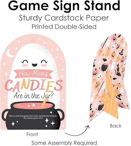 Miniatura 5 de Big Dot of Happiness Pastel Halloween - Juego de fiesta de calabaza rosa cuántos caramelos - 1 soporte y 40 cartas - Juego de adivinanzas de dulces